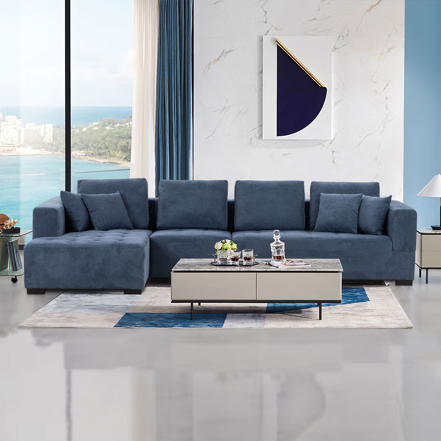134'' Mid Century Modern Sofa With Left Chaise for Living Room Sofa, BLUE