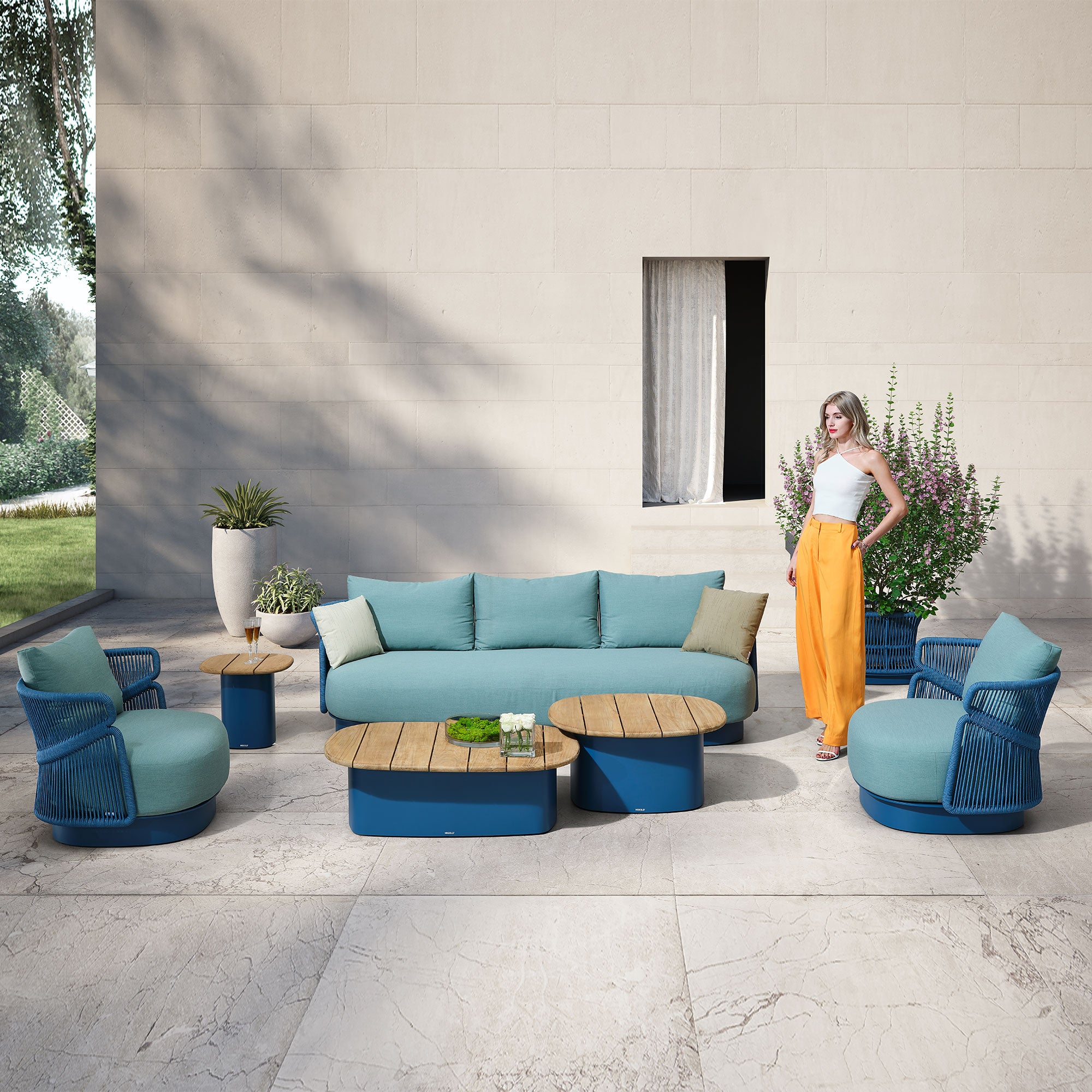 5-Seater Teak Outdoor Conversation Sofa Set With 8 Inch Thickness Cushions