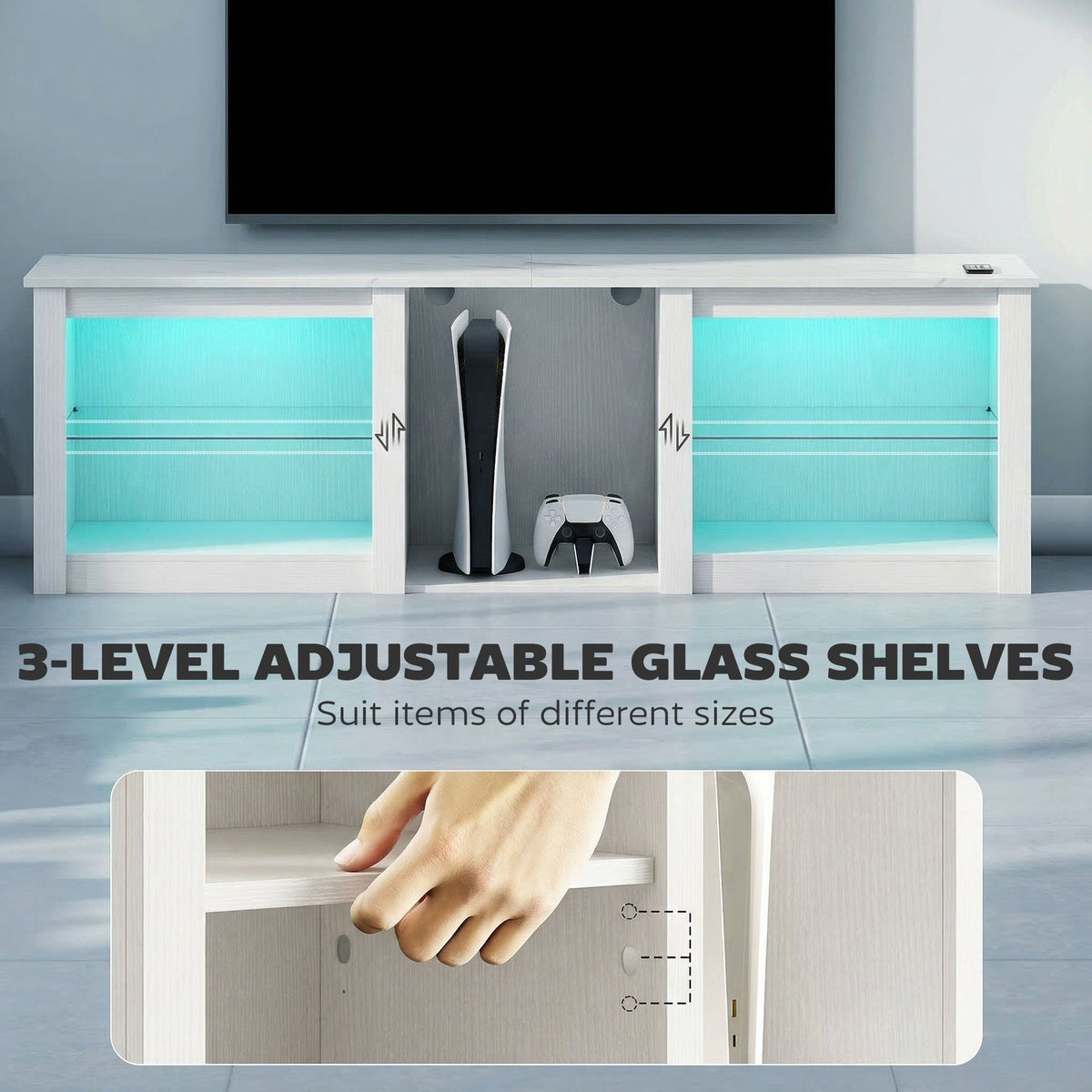 HOMCOM 70in TV Stand, with LED Lights and Storage - White