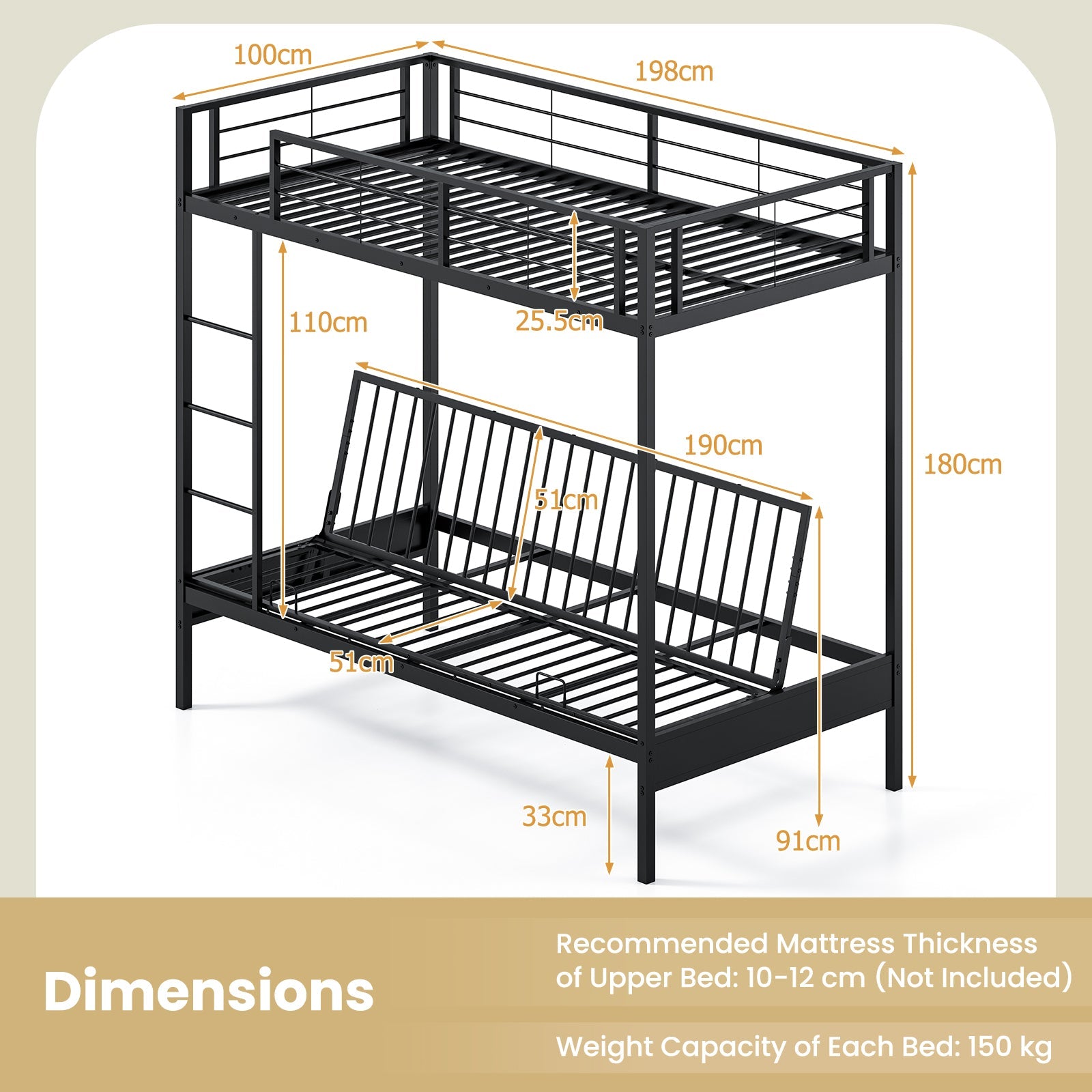 Single Over Futon Bunk Bed with Ladder and Safety Guardrails-Black-Single Size