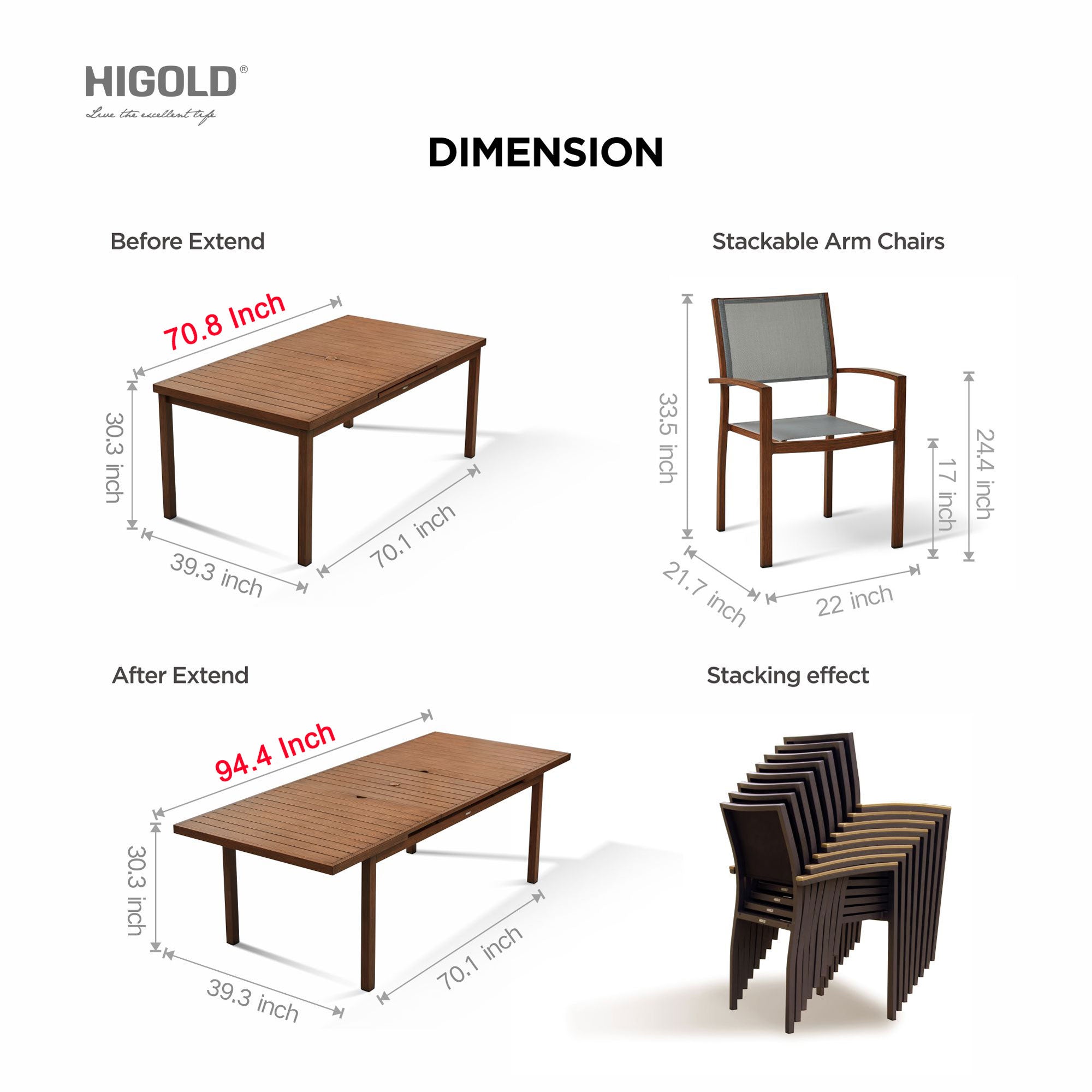 HIGOLD Carlo 9 Pieces Extendable Outdoor Patio Dining Set for Eight Person, Wood Color Painted Aluminum