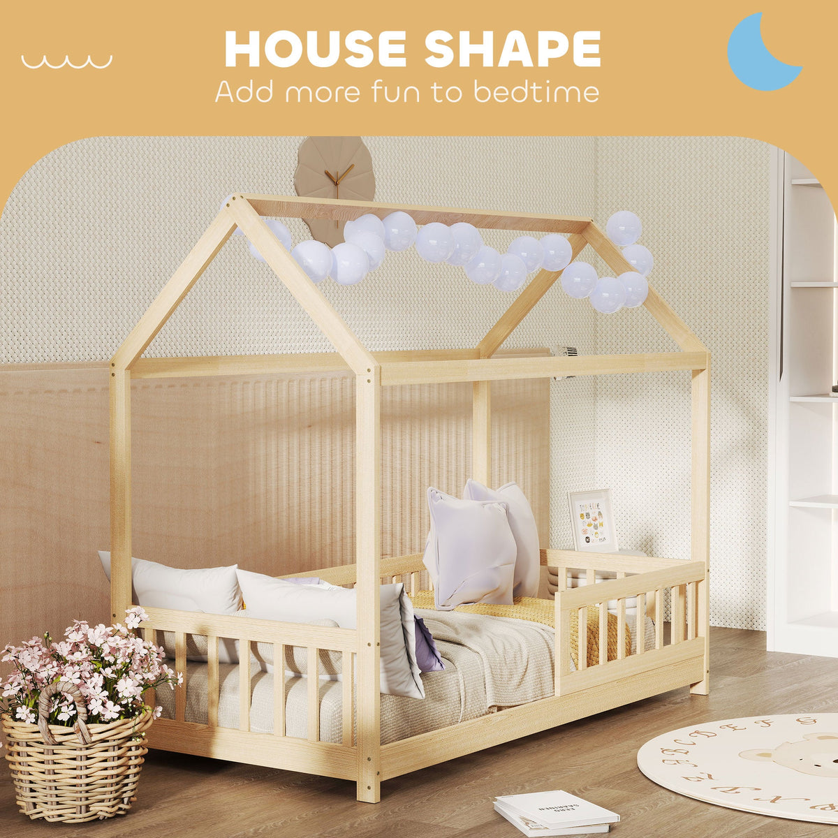 HOMCOM House-Shaped Kids Bed Frame with Guard Rails, Solid Pine Wood Single Bed Frame for Kids Boys and Girls, Natural