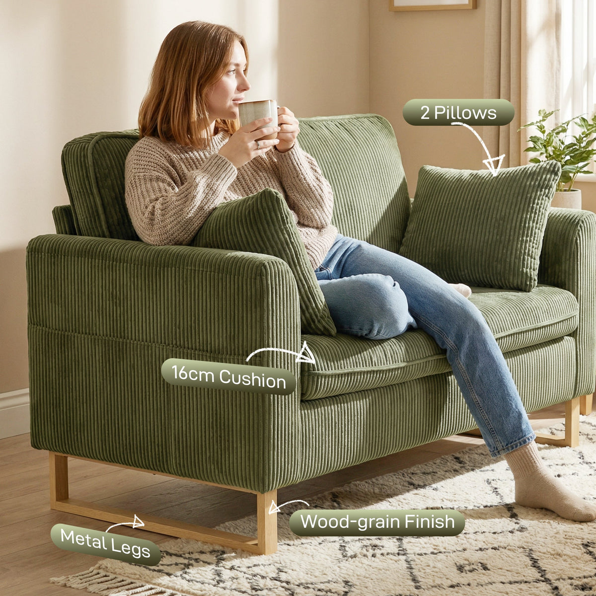 HOMCOM 2 Seater Sofa, 140 cm Loveseat Sofa with Spring Cushions, Metal Legs, 2 Pillows, Dark Green