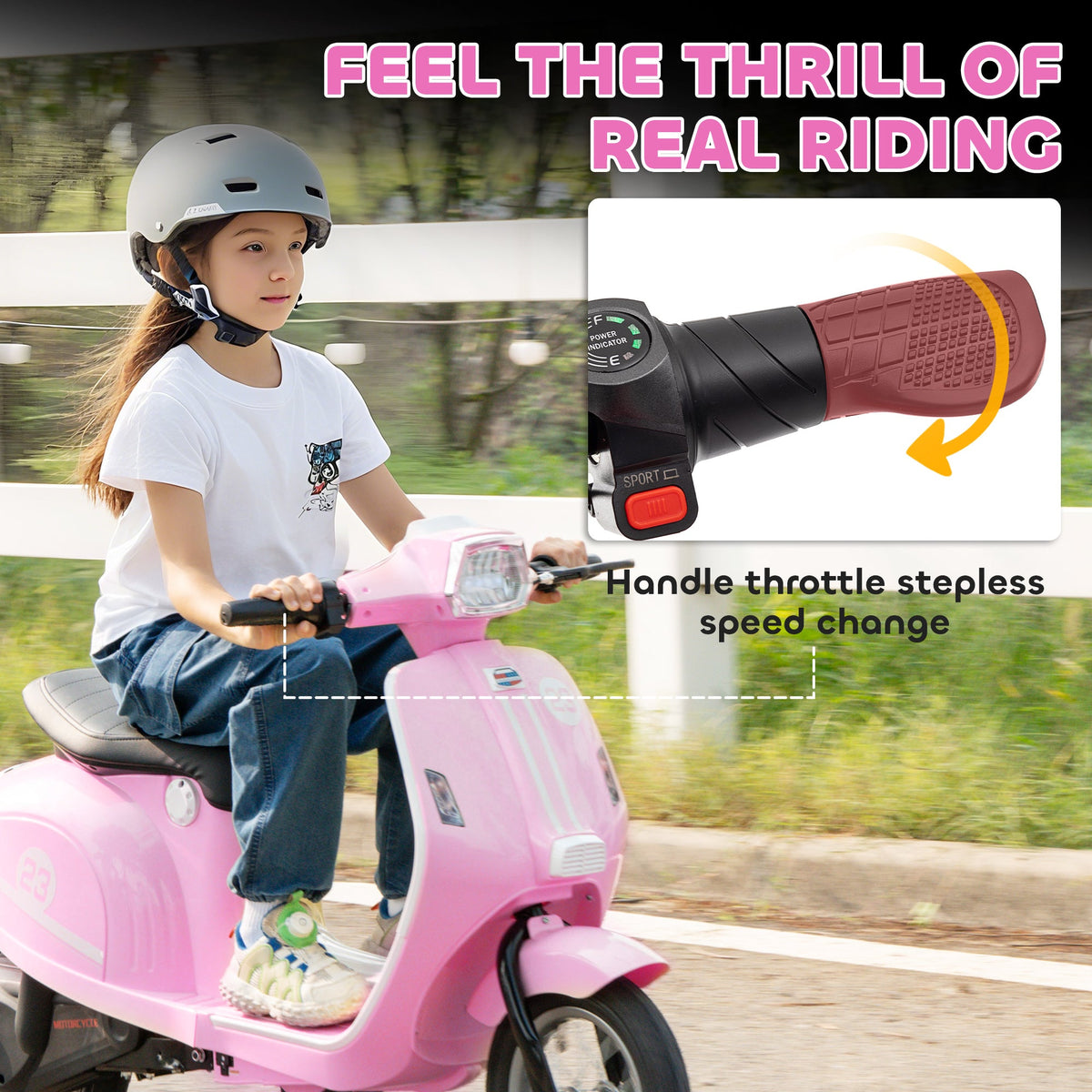 AIYAPLAY 24V Kids Electric Motorbike, Ride on Motorcycle with Manual Throttle, Brakes and LED Lights for Ages 8-12 Years, Pink