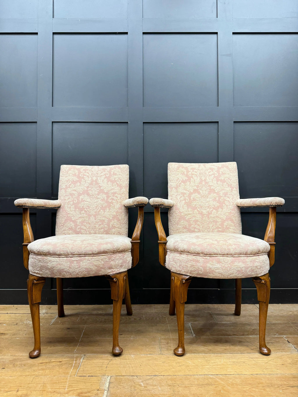 Pair Antique Pink Upholstered Bedroom Armchairs Chairs Mahogany Salon Seats