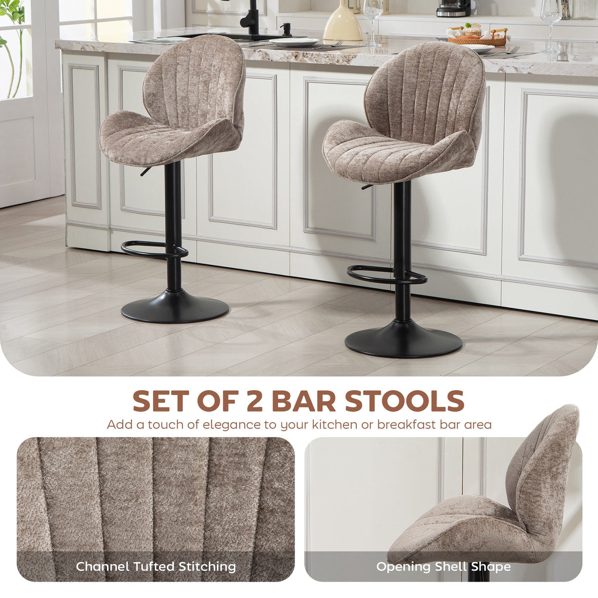 HOMCOM Bar Stools Set of 2, Swivel Barstools with Back, Adjustable Height and Footrest for Kitchen Island, Dining Room, Brown