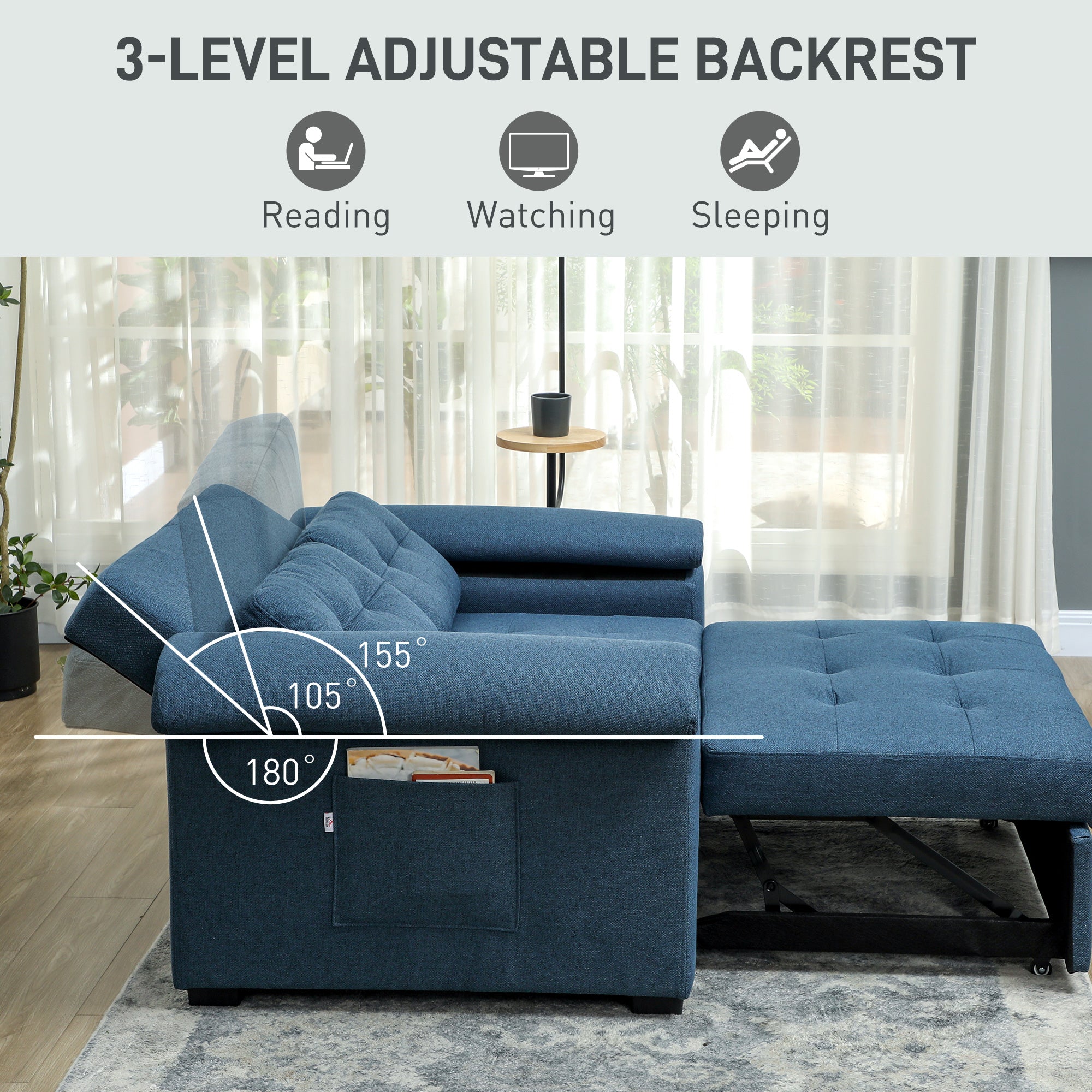 HOMCOM Pull Out Sofa Bed with 2 Pocket Springs, Fabric 2 Seater Click Clack Sofa Bed Settee, Convertible Sofa Couch with Pillows and Side Pockets for Living Room, Home Office, Blue