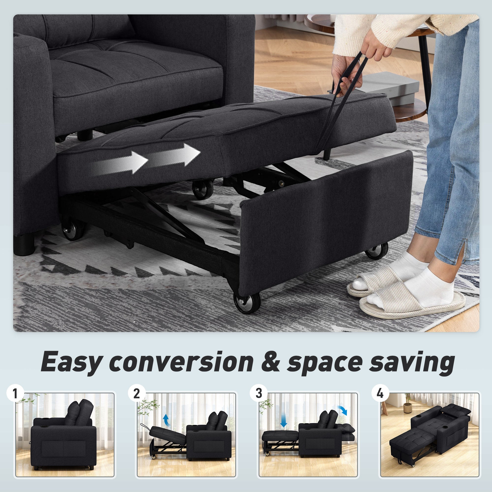 HOMCOM 3-in-1 Single Sofa Bed, Convertible Sleeper Chair Bed - Black