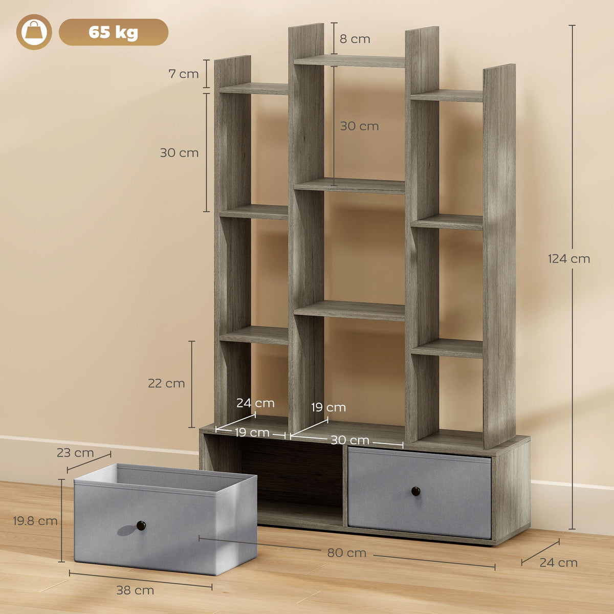 HOMCOM 12 Shelf Storage Unit, with Drawers - Graphite Wood Effect