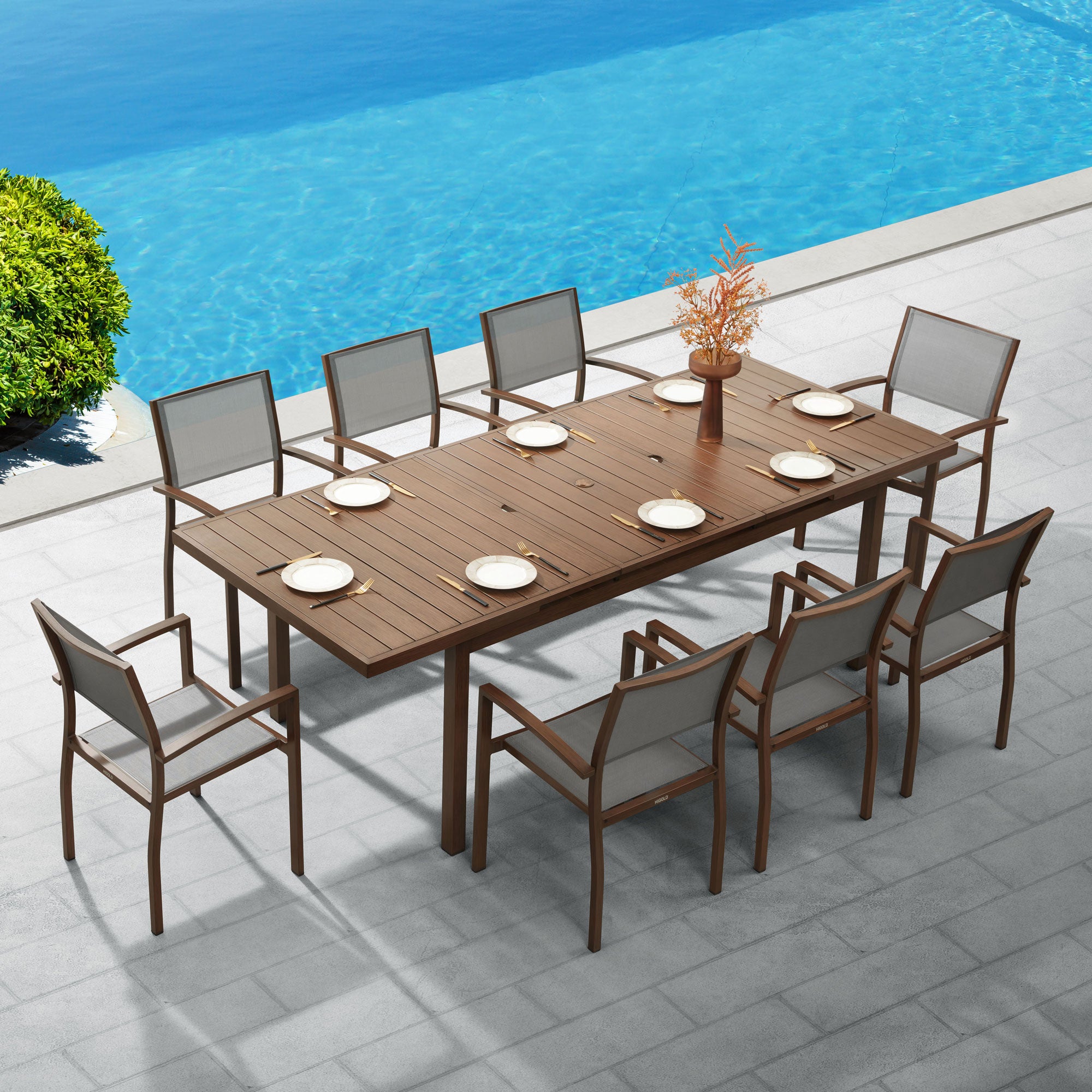HIGOLD Carlo 9 Pieces Extendable Outdoor Patio Dining Set for Eight Person, Wood Color Painted Aluminum
