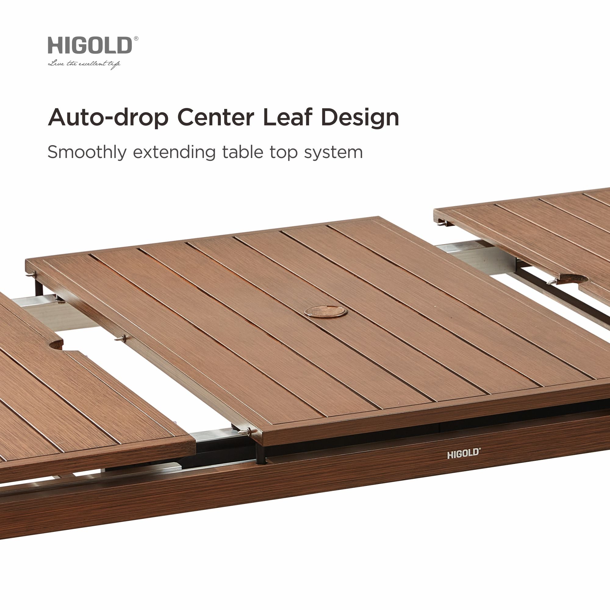HIGOLD Carlo 9 Pieces Extendable Outdoor Patio Dining Set for Eight Person, Wood Color Painted Aluminum
