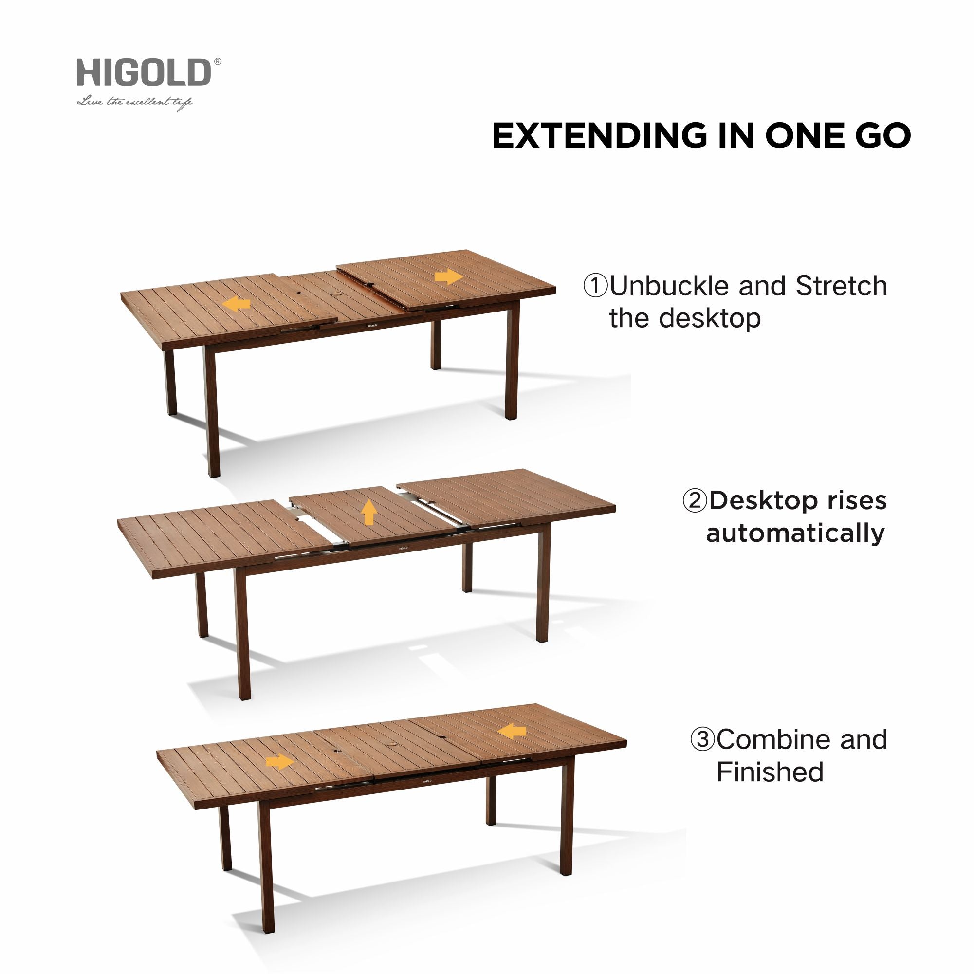 HIGOLD Carlo 9 Pieces Extendable Outdoor Patio Dining Set for Eight Person, Wood Color Painted Aluminum