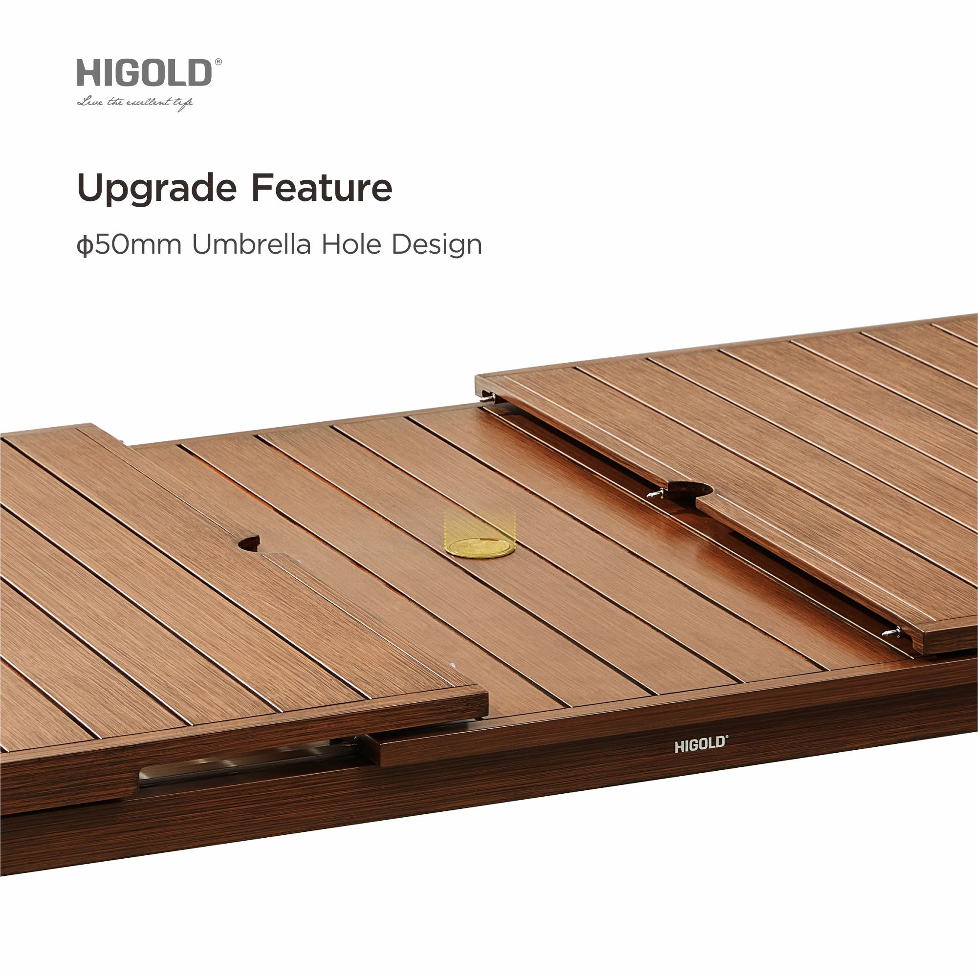HIGOLD Carlo 9 Pieces Extendable Outdoor Patio Dining Set for Eight Person, Wood Color Painted Aluminum