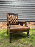 Victorian Carved Walnut & Leather Library Chair Button Back Fireside Armchair