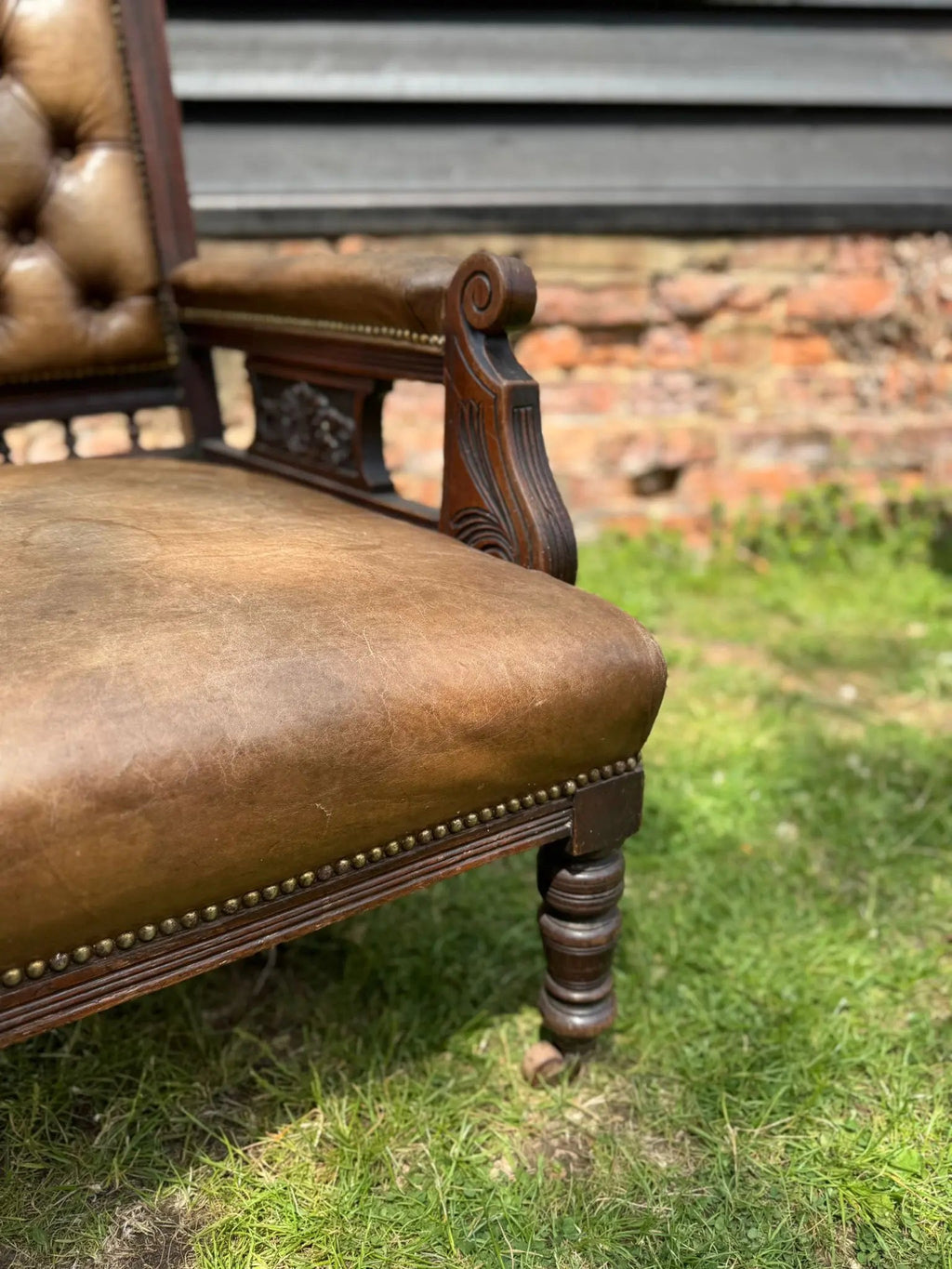 Victorian Carved Walnut & Leather Library Chair Button Back Fireside Armchair