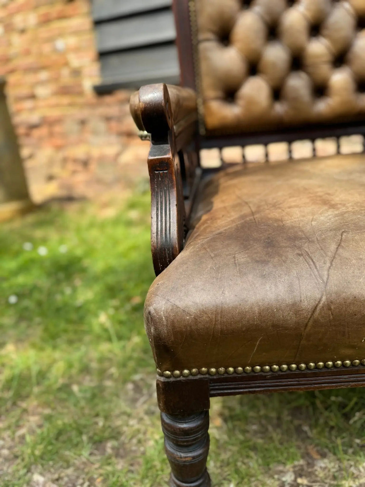 Victorian Carved Walnut & Leather Library Chair Button Back Fireside Armchair