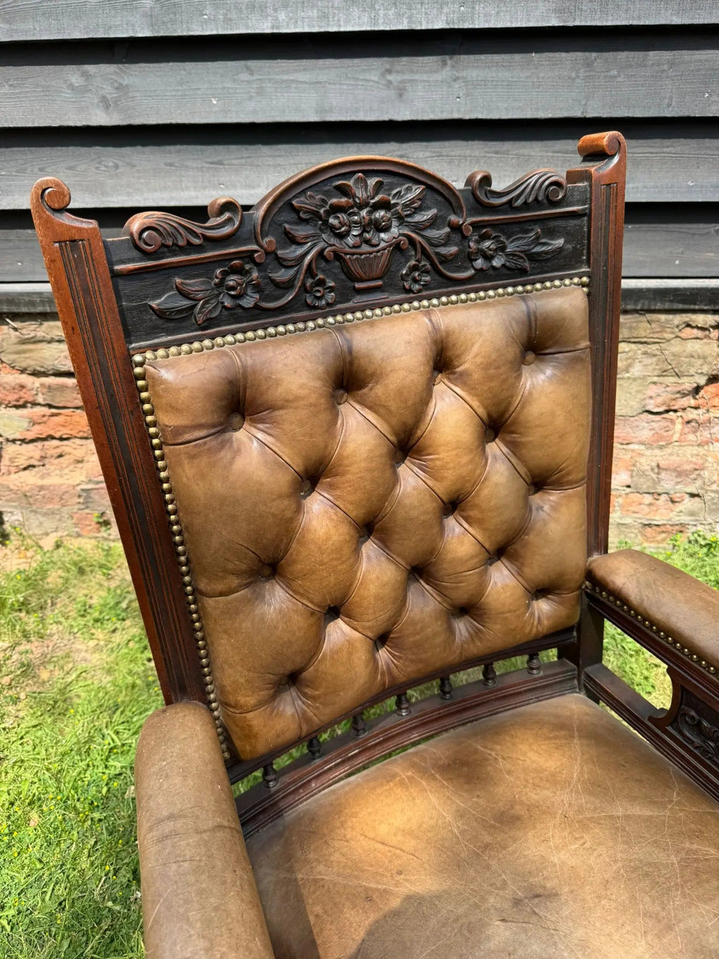 Victorian Carved Walnut & Leather Library Chair Button Back Fireside Armchair