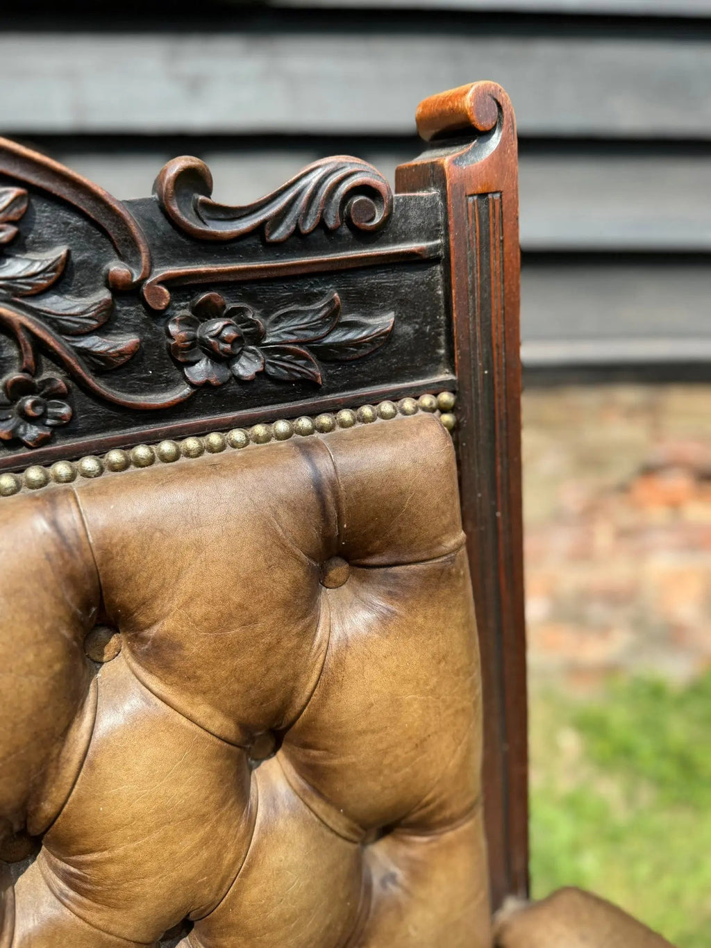 Victorian Carved Walnut & Leather Library Chair Button Back Fireside Armchair