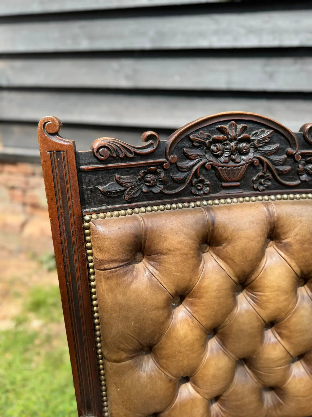 Victorian Carved Walnut & Leather Library Chair Button Back Fireside Armchair