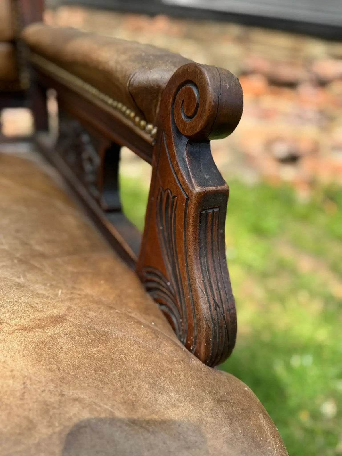 Victorian Carved Walnut & Leather Library Chair Button Back Fireside Armchair