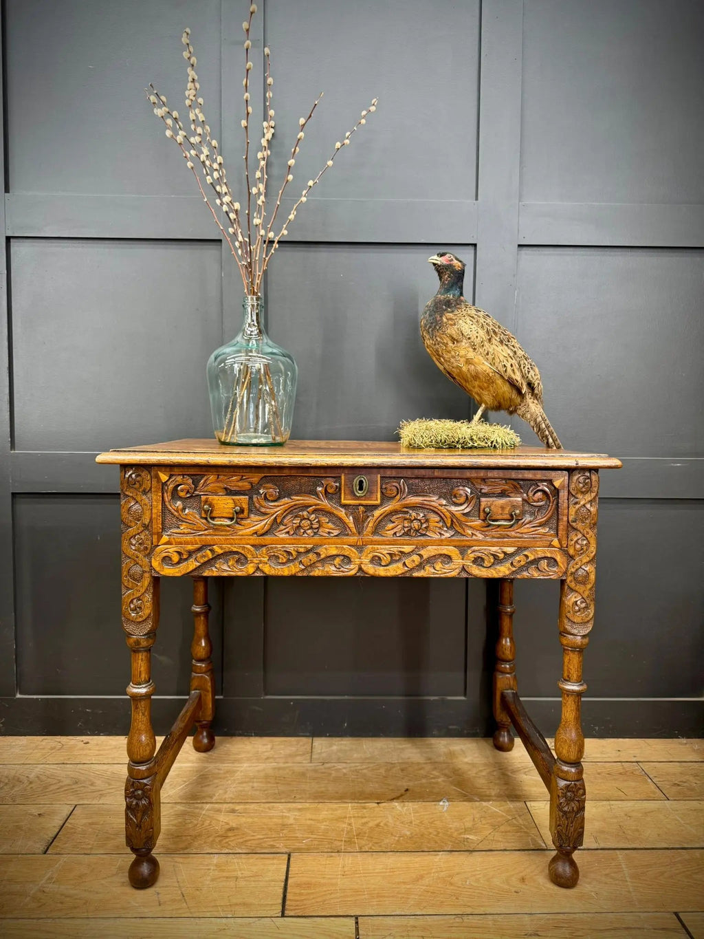 Antique Carved Oak Side Table with Drawer / Occasional Lamp Hall Table
