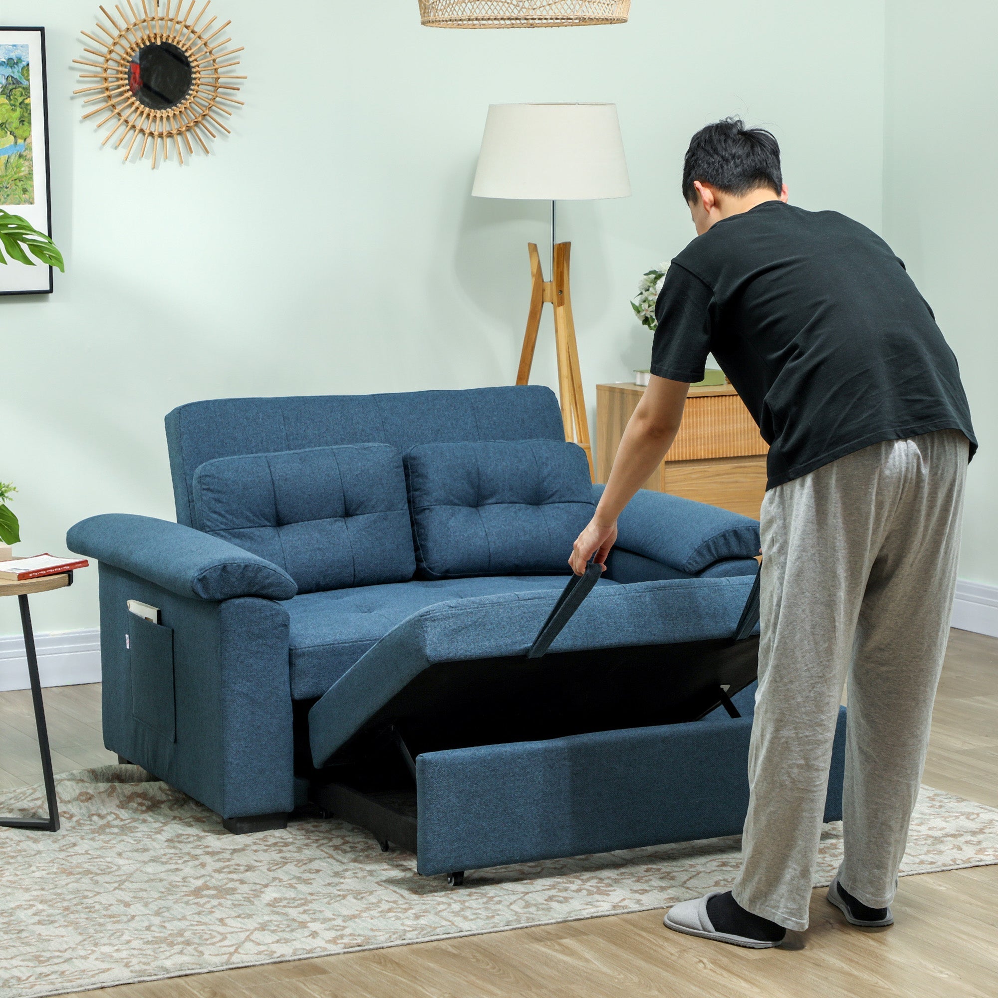 HOMCOM Pull Out Sofa Bed with 2 Pocket Springs, Fabric 2 Seater Click Clack Sofa Bed Settee, Convertible Sofa Couch with Pillows and Side Pockets for Living Room, Home Office, Blue
