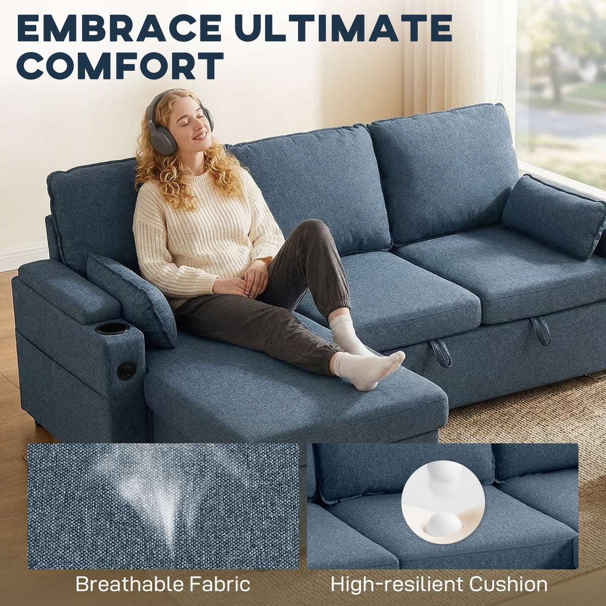 HOMCOM Corner Sofa Bed, L Shaped Sleeper Sectional Sofa with Reversible Storage Chaise, Blue