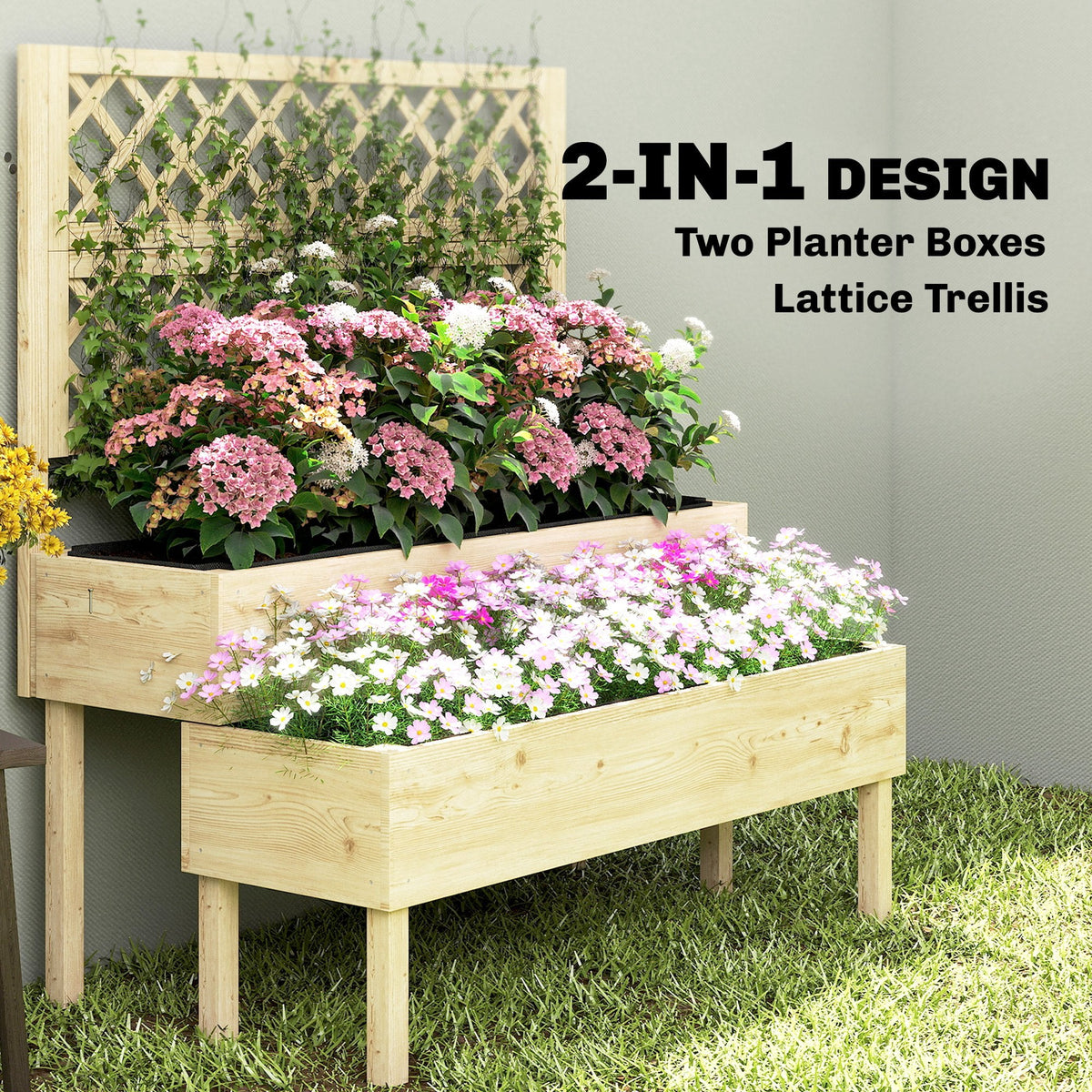 Outsunny Raised Garden Bed 2-Tier Stepped Design Planter Box with Trellis for Climbing Plants 108x62x120 cm
