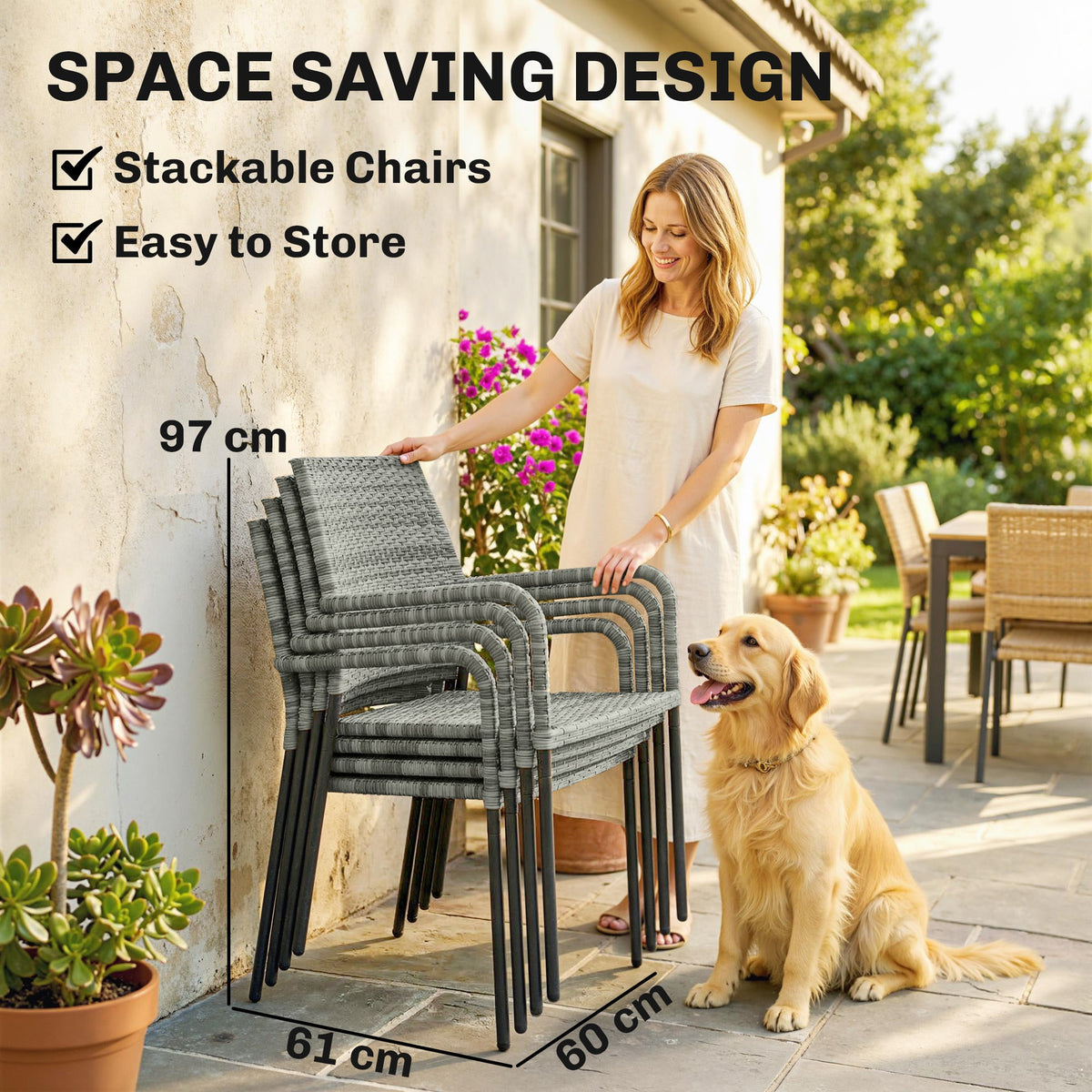 Outsunny 4 Seater Rattan Dining Set with Parasol, 6 Piece Garden Table and Stackable Chairs with Tempered Glass Tabletop - Light Grey