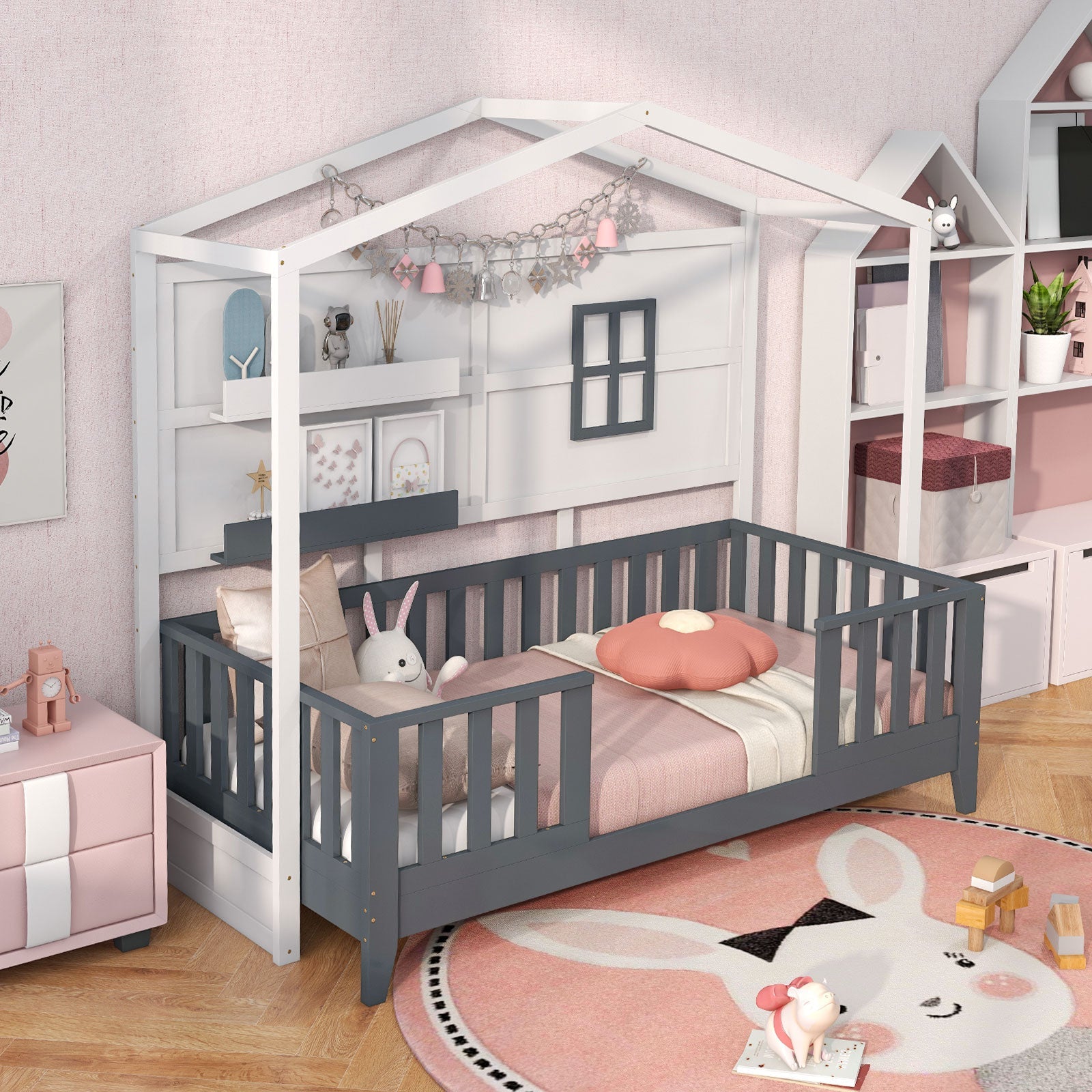 Kids Montessori Wood House Bed Bed with 2 Shelves and Guardrails-Gray & White-Single Size