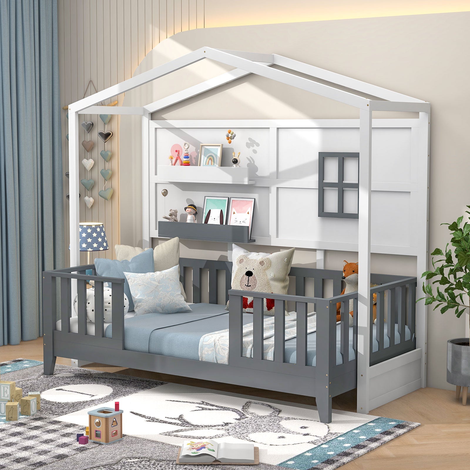 Kids Montessori Wood House Bed Bed with 2 Shelves and Guardrails-Gray & White-Single Size