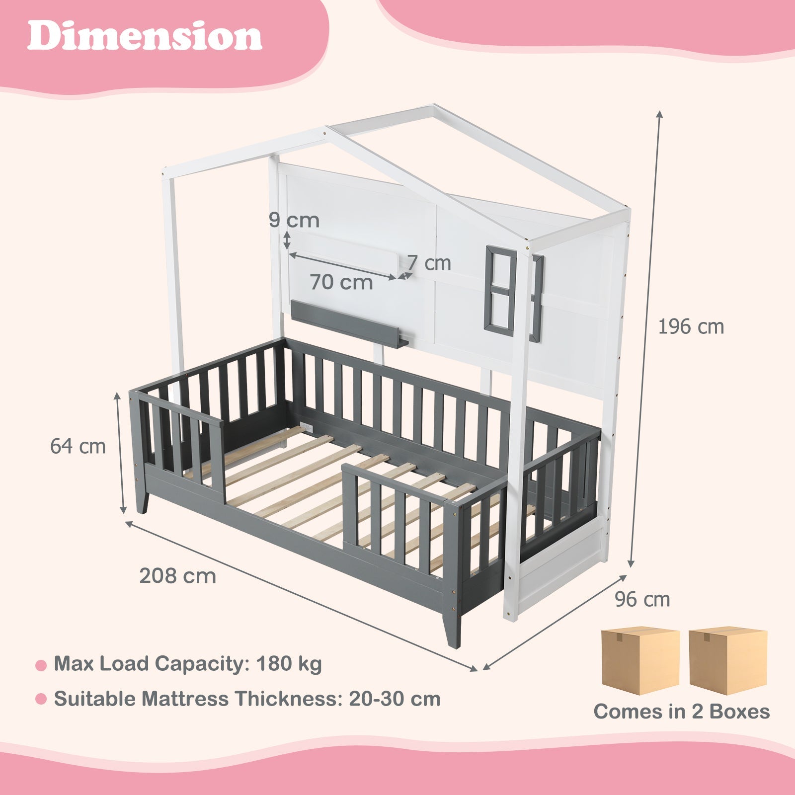 Kids Montessori Wood House Bed Bed with 2 Shelves and Guardrails-Gray & White-Single Size