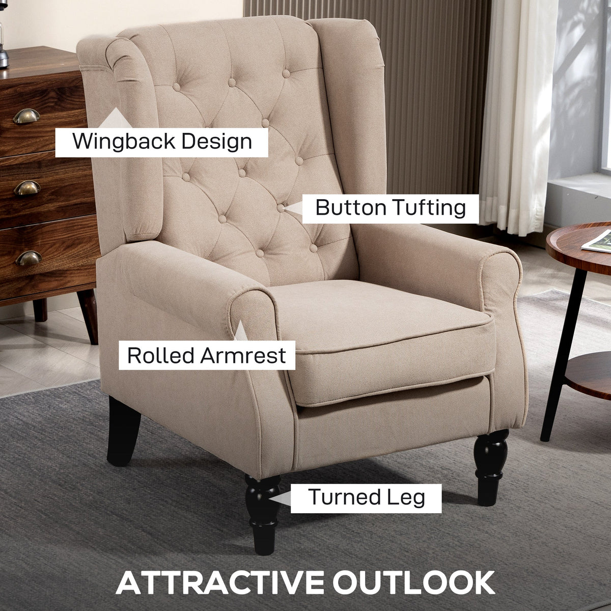 HOMCOM Wingback Accent Chair, Retro Upholstered Button Tufted Occasional Chair for Living Room and Bedroom, Beige