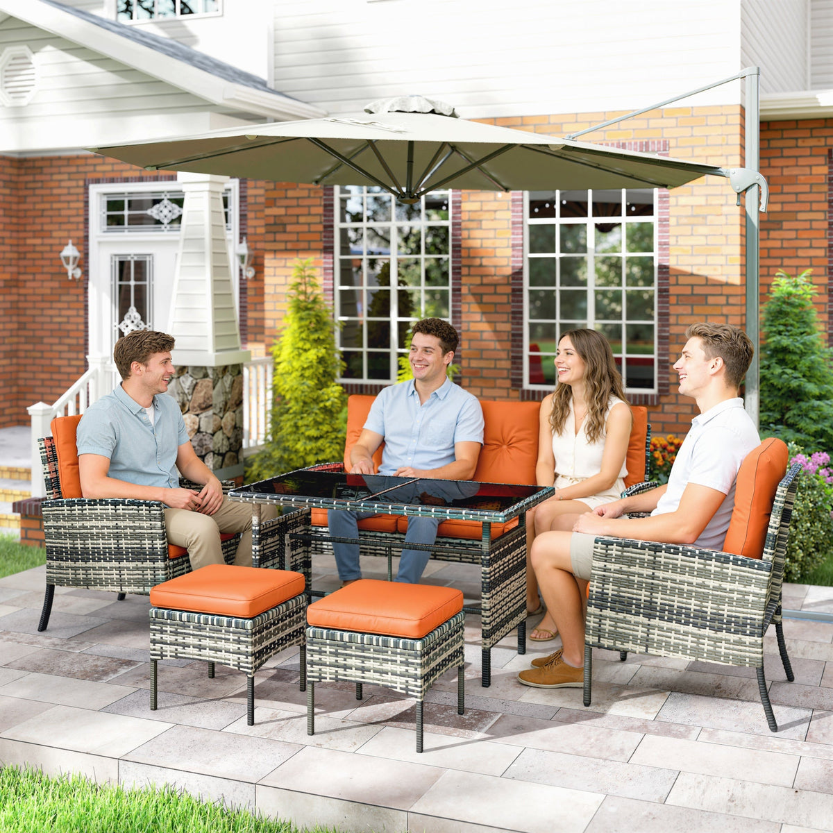 Outsunny 6 Pieces Rattan Garden Furniture Set with Dining Table and Cushions, Orange