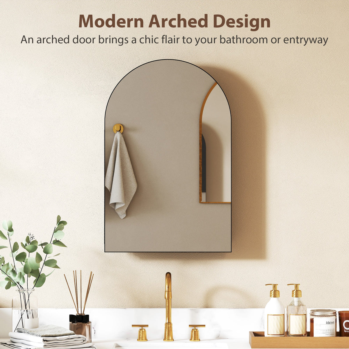 HOMCOM Bathroom Mirror Cabinet with Mirror, Arched Wall Mounted Bathroom Cabinet with Storage Shelves, Black