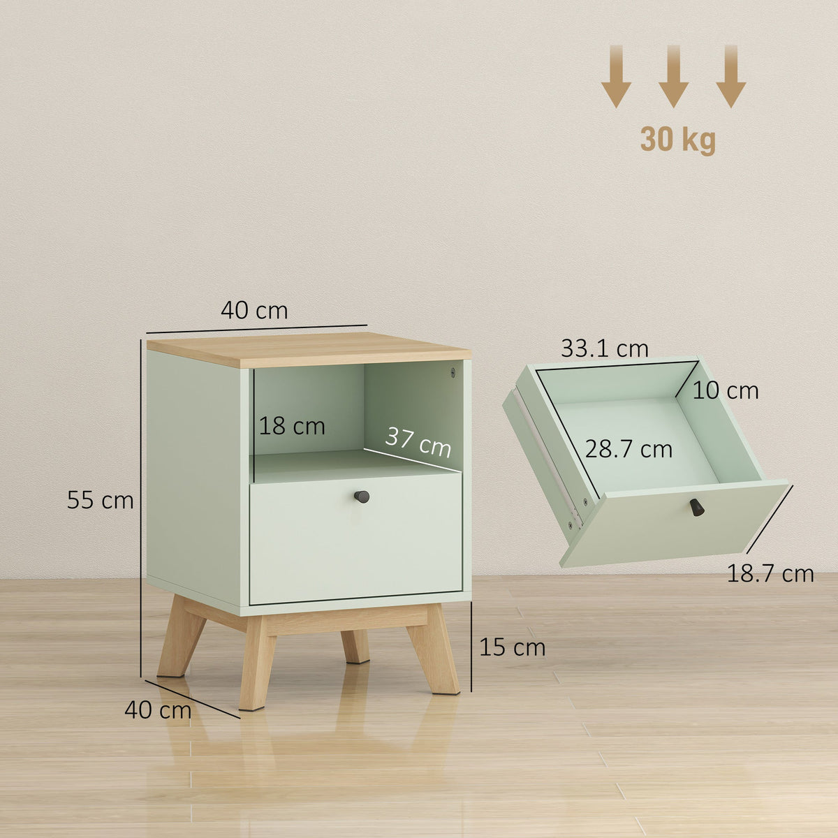 HOMCOM Modern Nightstand Set of 2, Bedside Table with Drawer and Open Shelf, Side End Table for Bedroom, Light Green