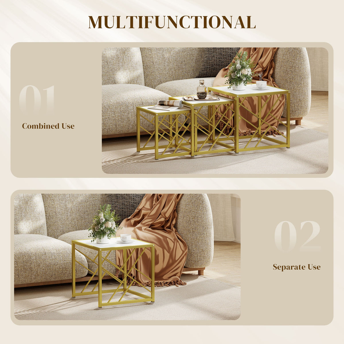 HOMCOM Nesting Coffee Tables, Set of 3 Square Side Tables with Black Metal Frame, for Living Room, Bedroom and Office, White