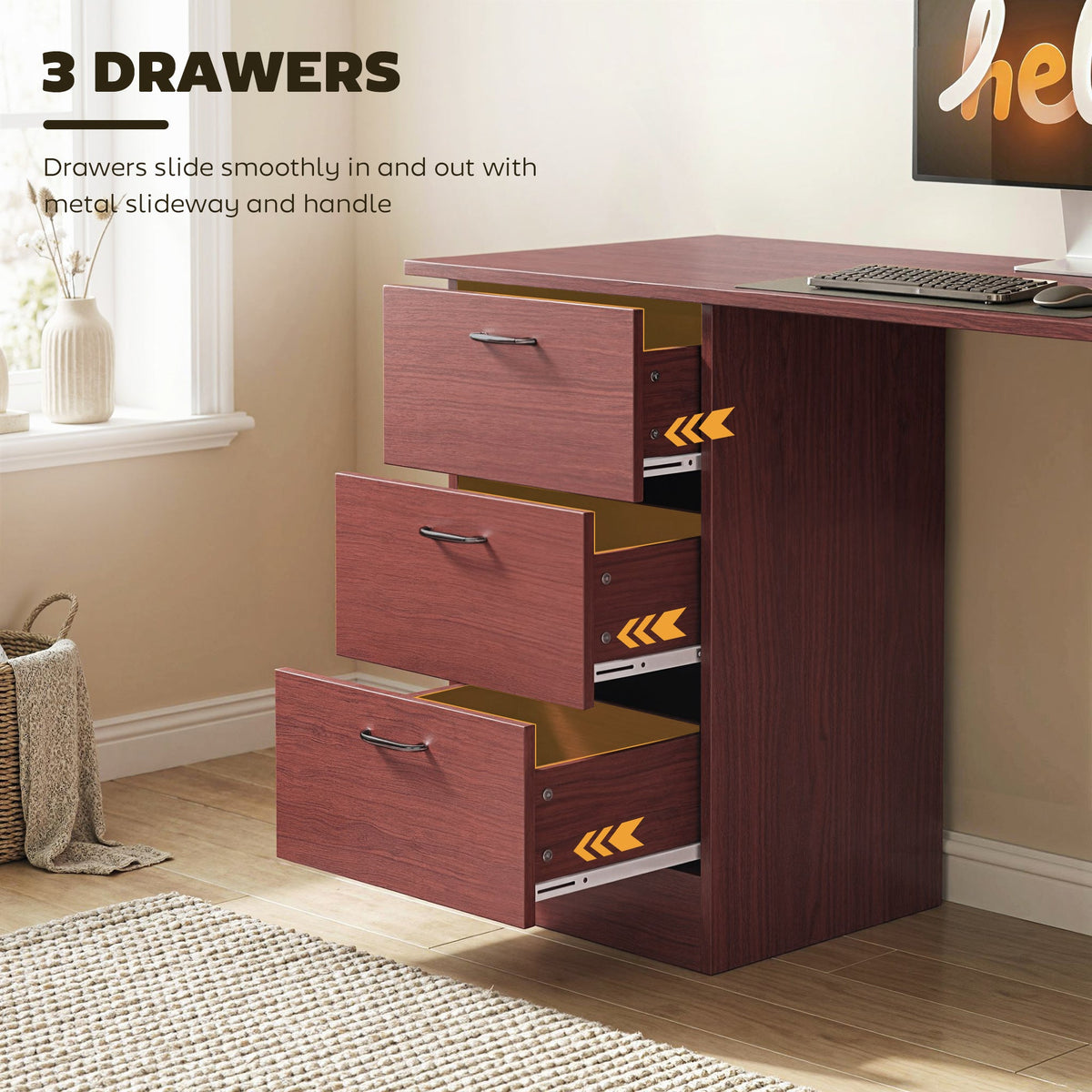 HOMCOM Computer Desk, Writing Table, PC Workstation with 3 Storage Shelves and Drawers, Handle, for Home Office, Walnut Brown