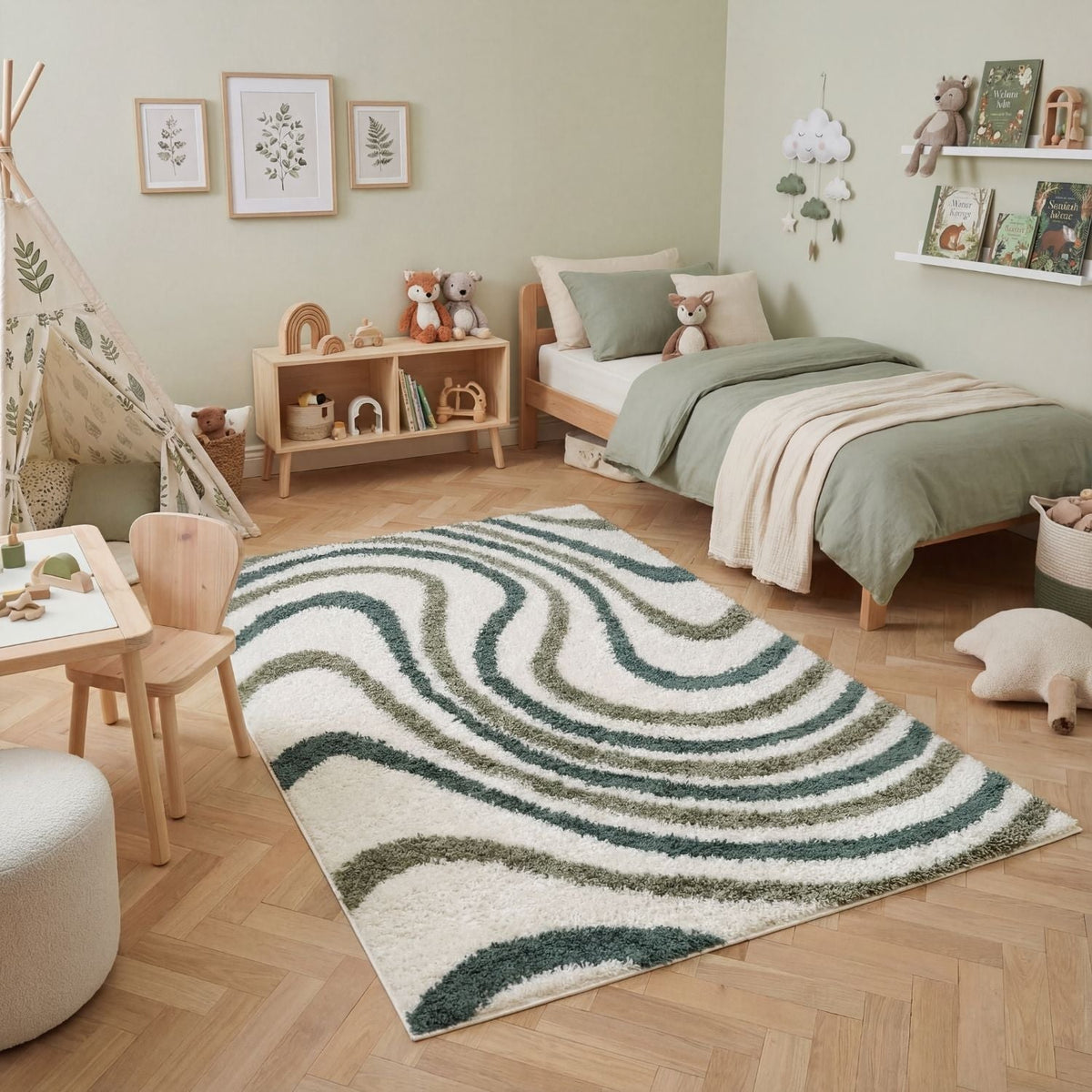 Moodi Shaggy Green Rippletide Rug
