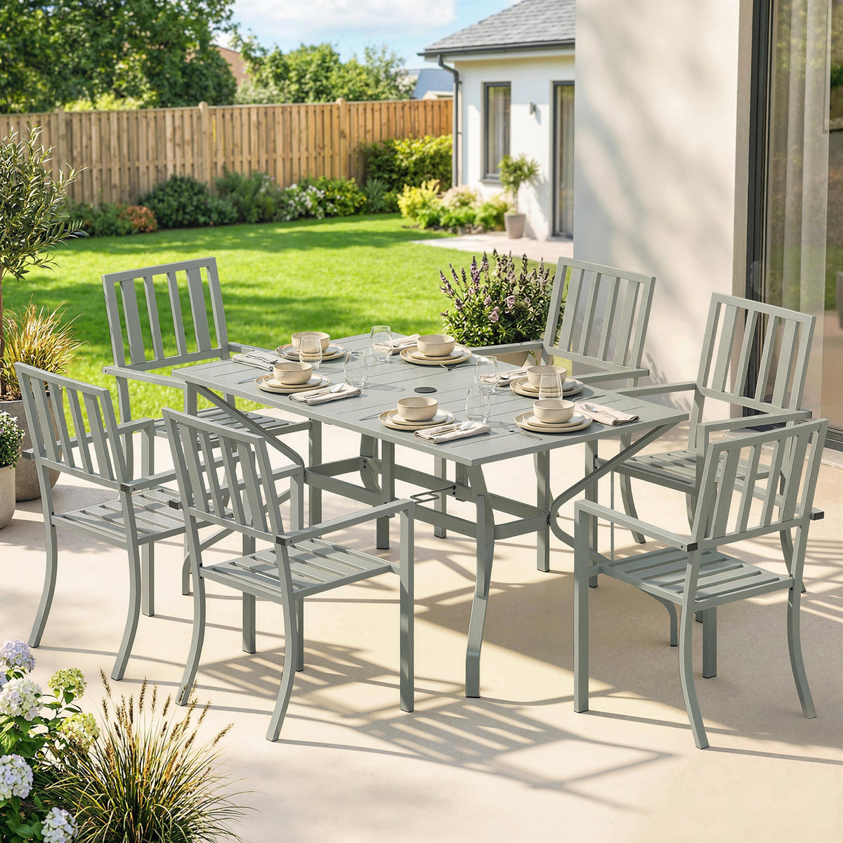 Outsunny 7 Pieces Garden Table and Chairs, 6 Seater Outdoor Table and Chairs with Umbrella Hole, for Garden, Light Grey