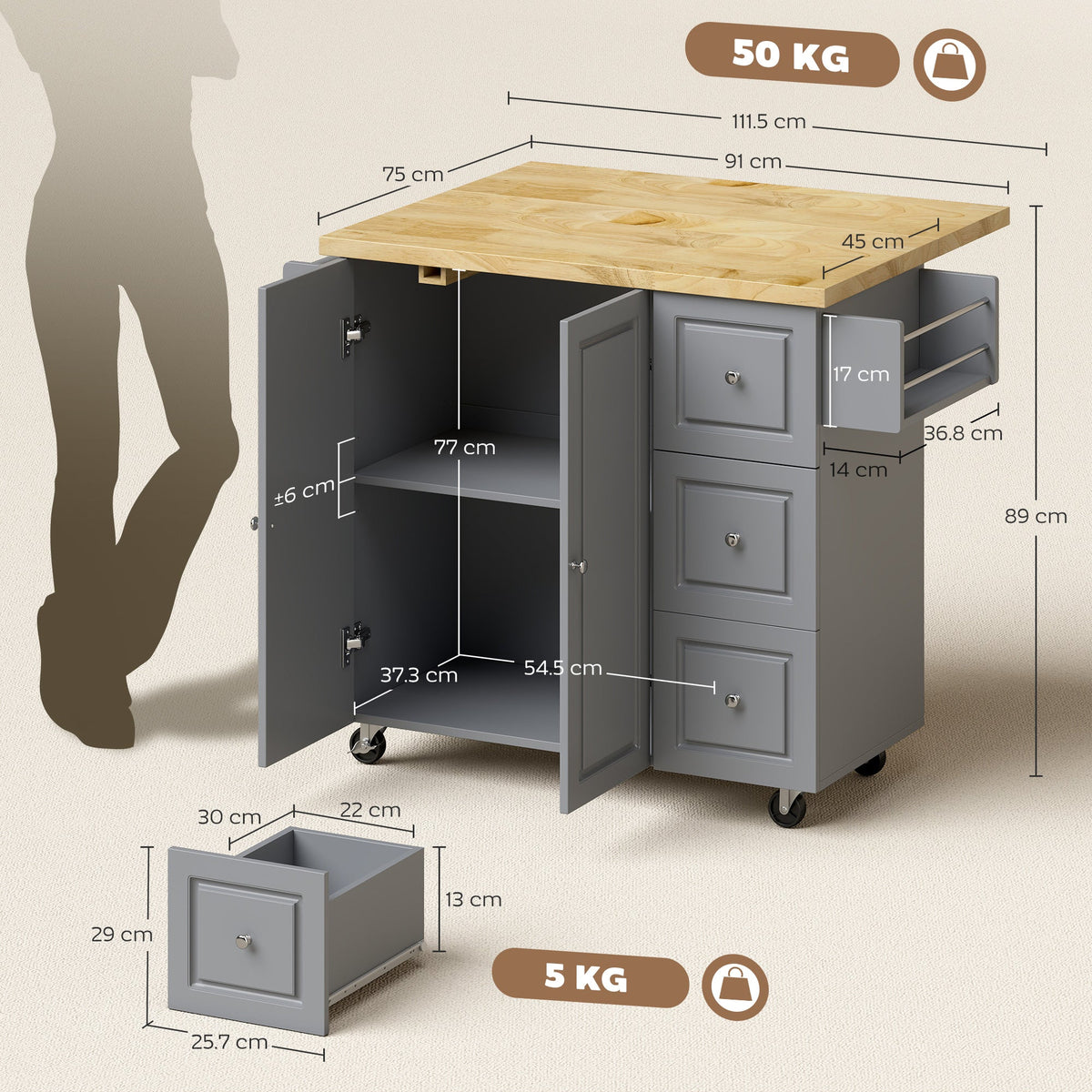 HOMCOM Kitchen Island on Wheels, Rolling Kitchen Storage Trolley with Drop Leaf, Drawers, Towel and Spice Rack, Grey