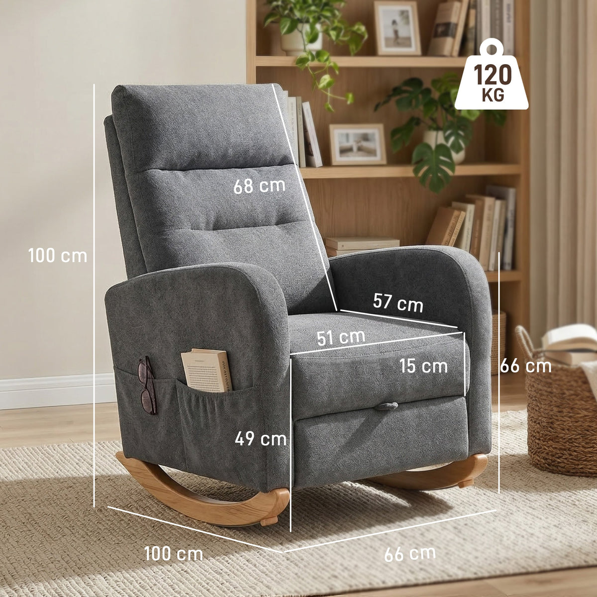 HOMCOM Upholstered Rocking Chair Retractable Footrest Rocker Chair High Back for Living Room Grey
