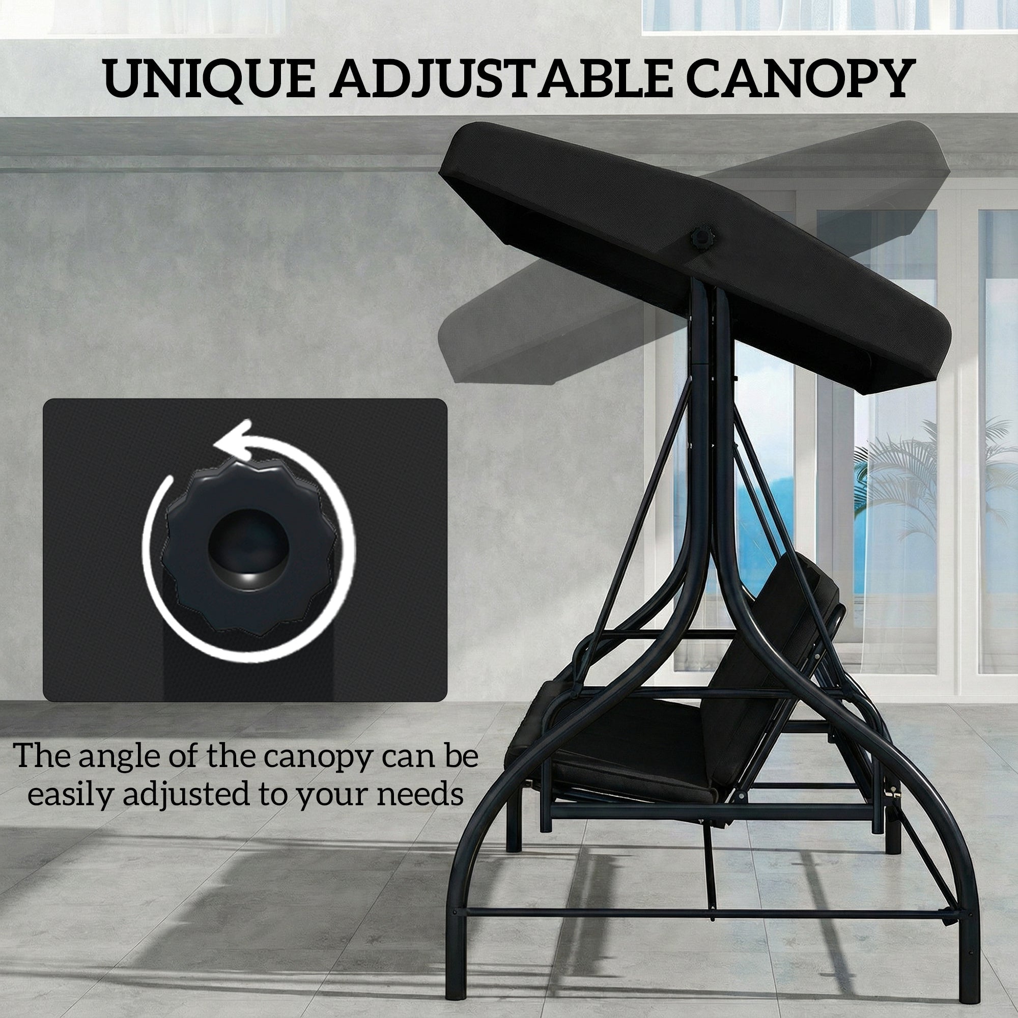 Outsunny 3 Seater Canopy Swing Chair, 2 in 1 Garden Swing Seat Bed, with Adjustable Canopy and Metal Frame, Black