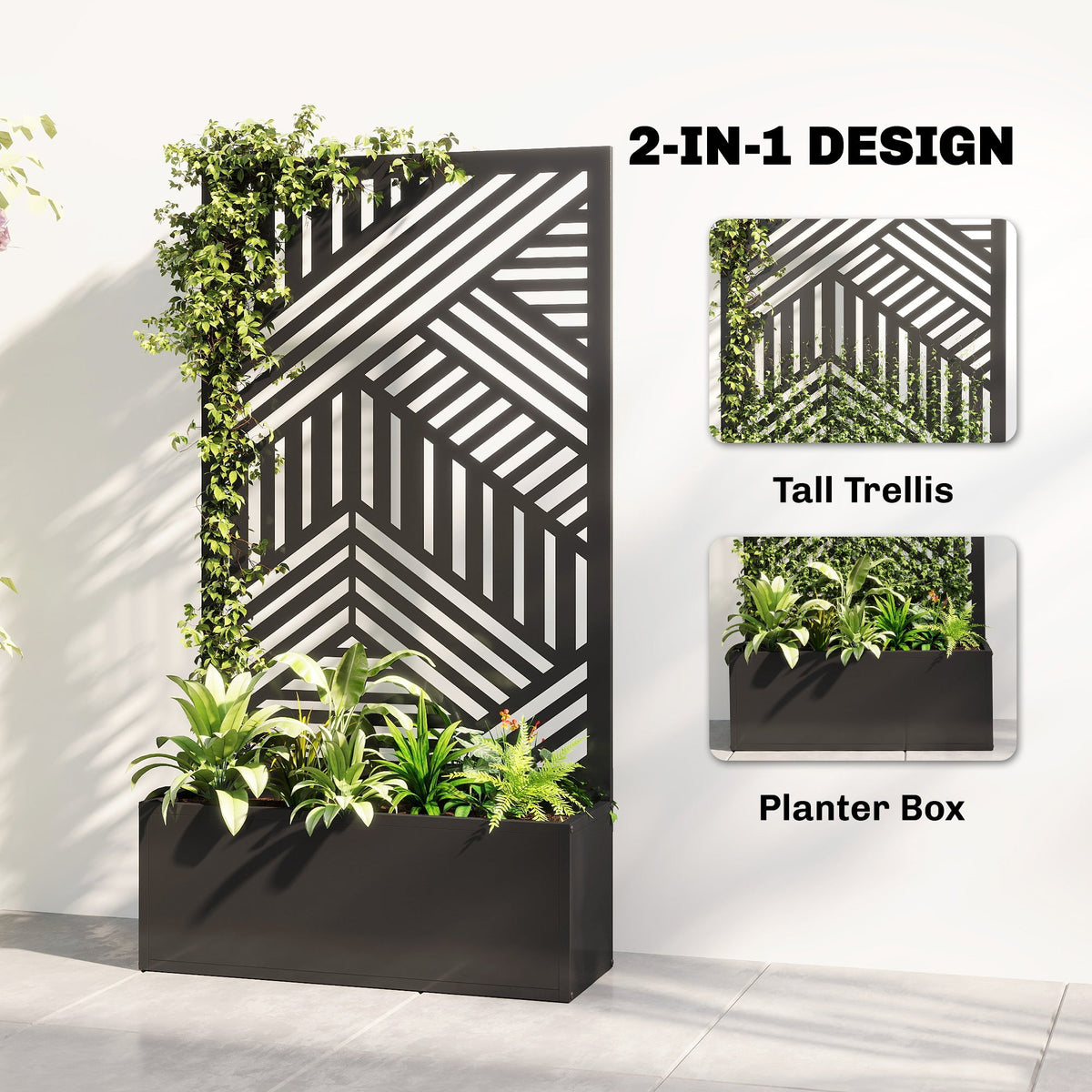 Outsunny Metal Garden Bed for Garden with Trellis, Raised Garden Bed with Privacy Screen, Geometric Slatted Cut-Out