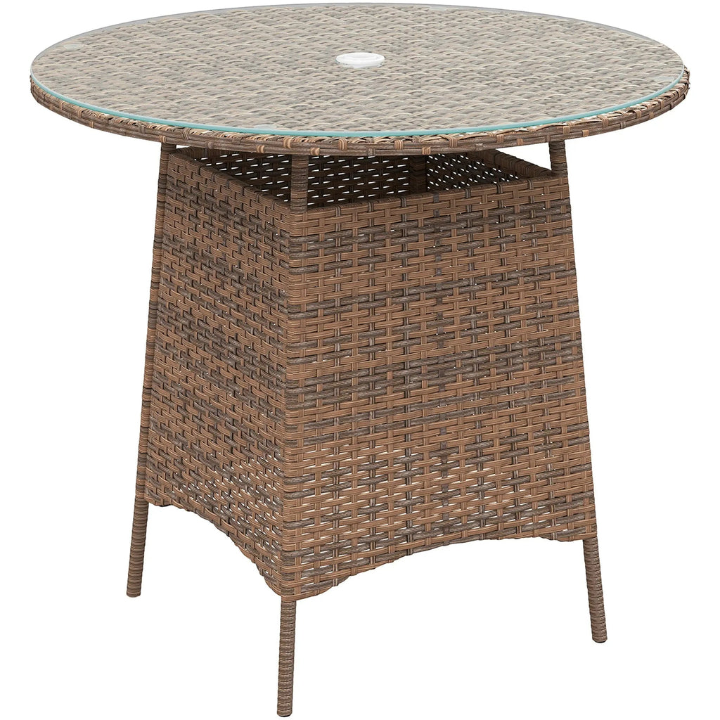 Outsunny Wicker Garden Rattan Table, Patio Furniture Outdoor Coffee Table with Umbrella Hole and Tempered Glass Top, Brown