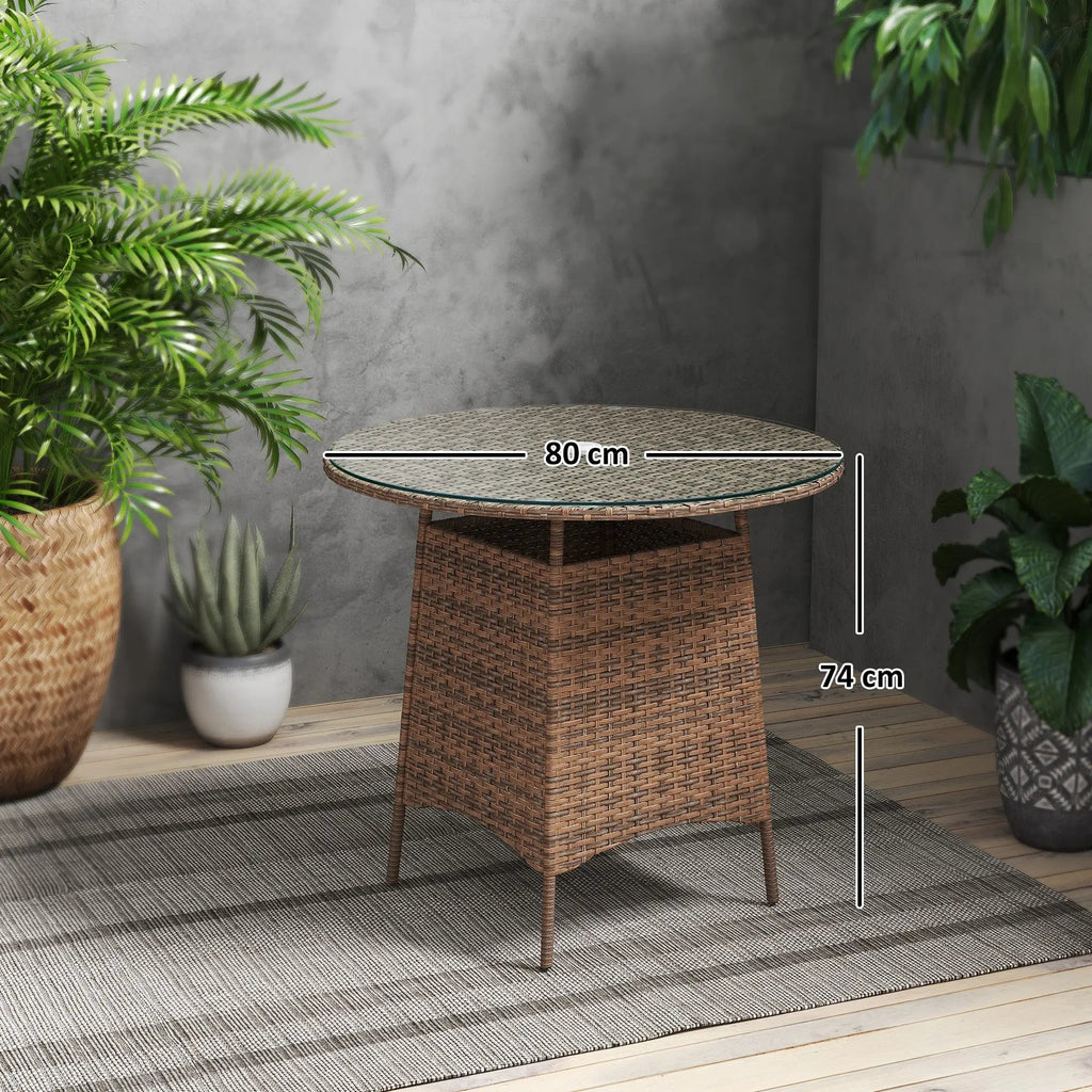 Outsunny Wicker Garden Rattan Table, Patio Furniture Outdoor Coffee Table with Umbrella Hole and Tempered Glass Top, Brown