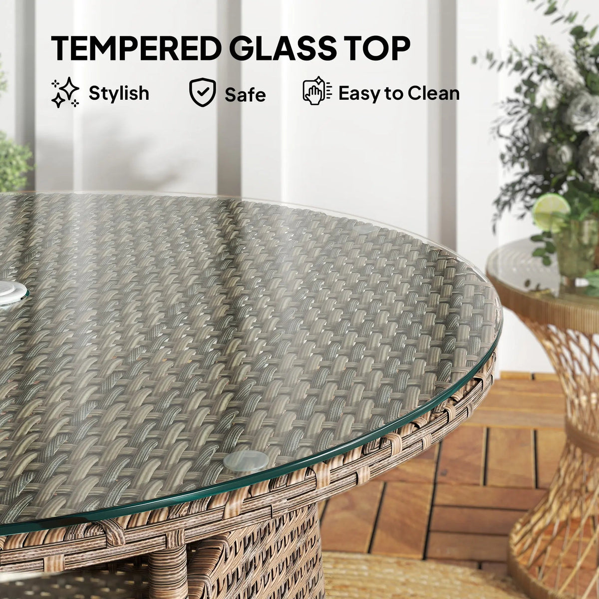 Outsunny Wicker Garden Rattan Table, Patio Furniture Outdoor Coffee Table with Umbrella Hole and Tempered Glass Top, Brown