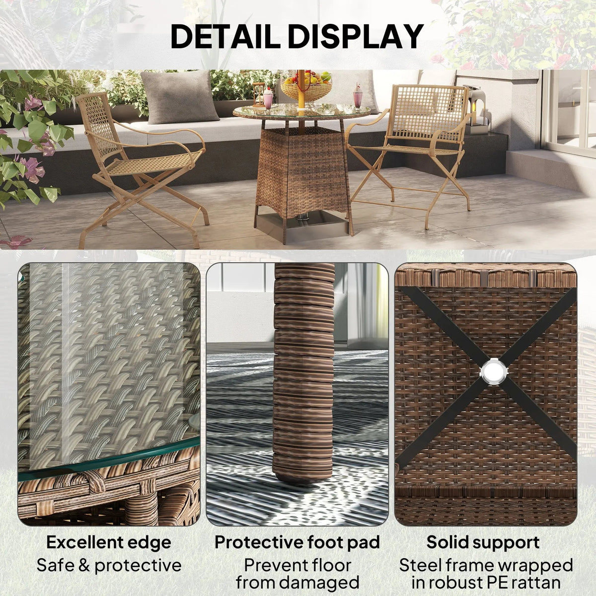 Outsunny Wicker Garden Rattan Table, Patio Furniture Outdoor Coffee Table with Umbrella Hole and Tempered Glass Top, Brown