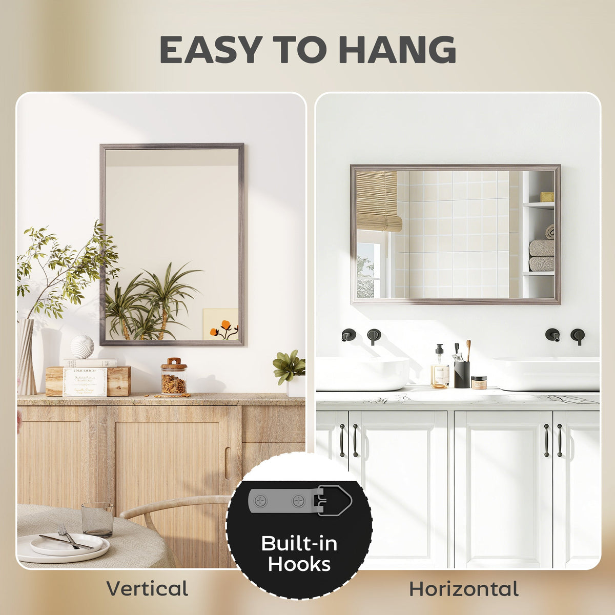 HOMCOM Wall Bathroom Mirror, 50 x 70 cm Wall-Mounted Mirror for Living Room, Bedroom, Hallway, Grey