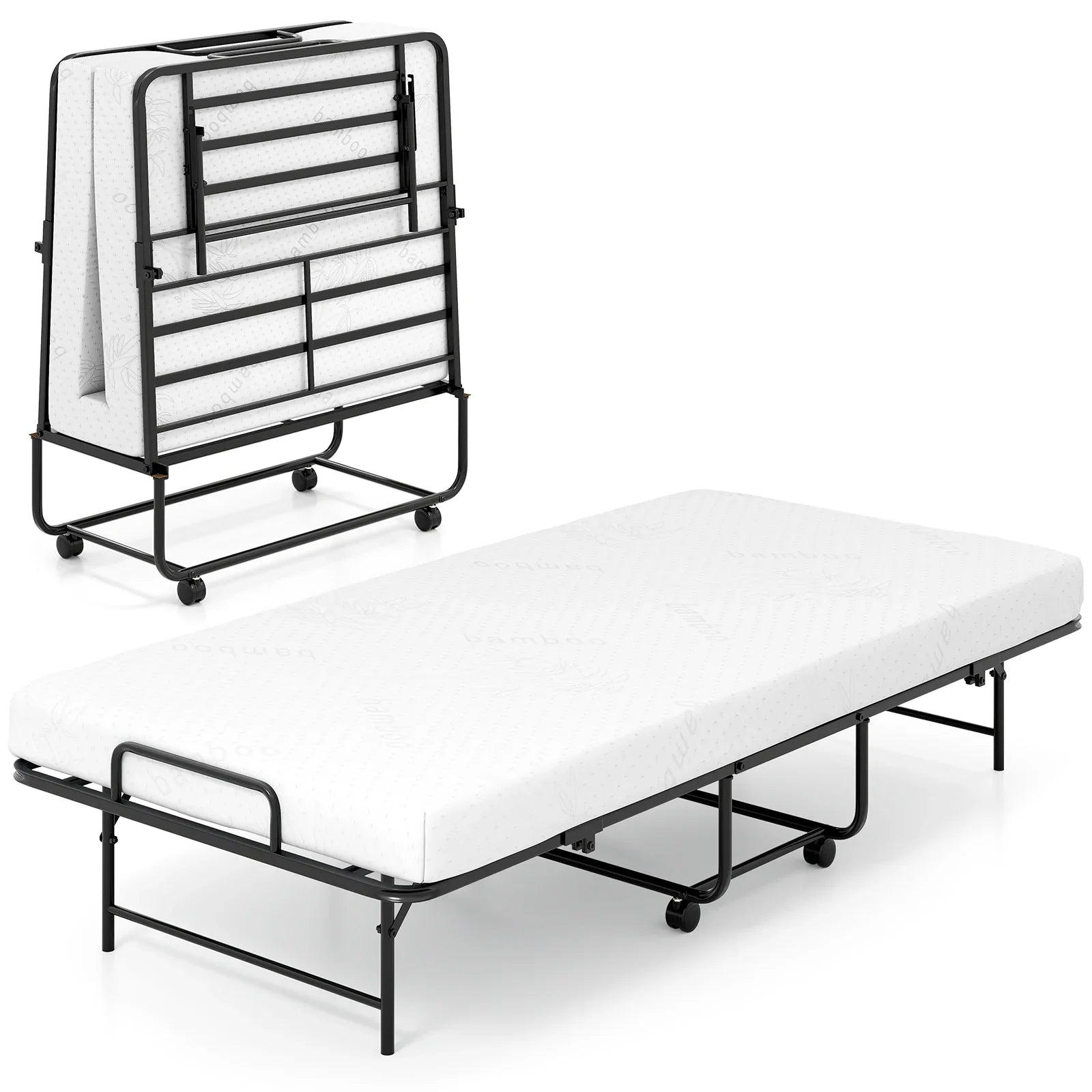 Portable Foldable Guest Bed with Heavy-duty Metal Frame and Mattress